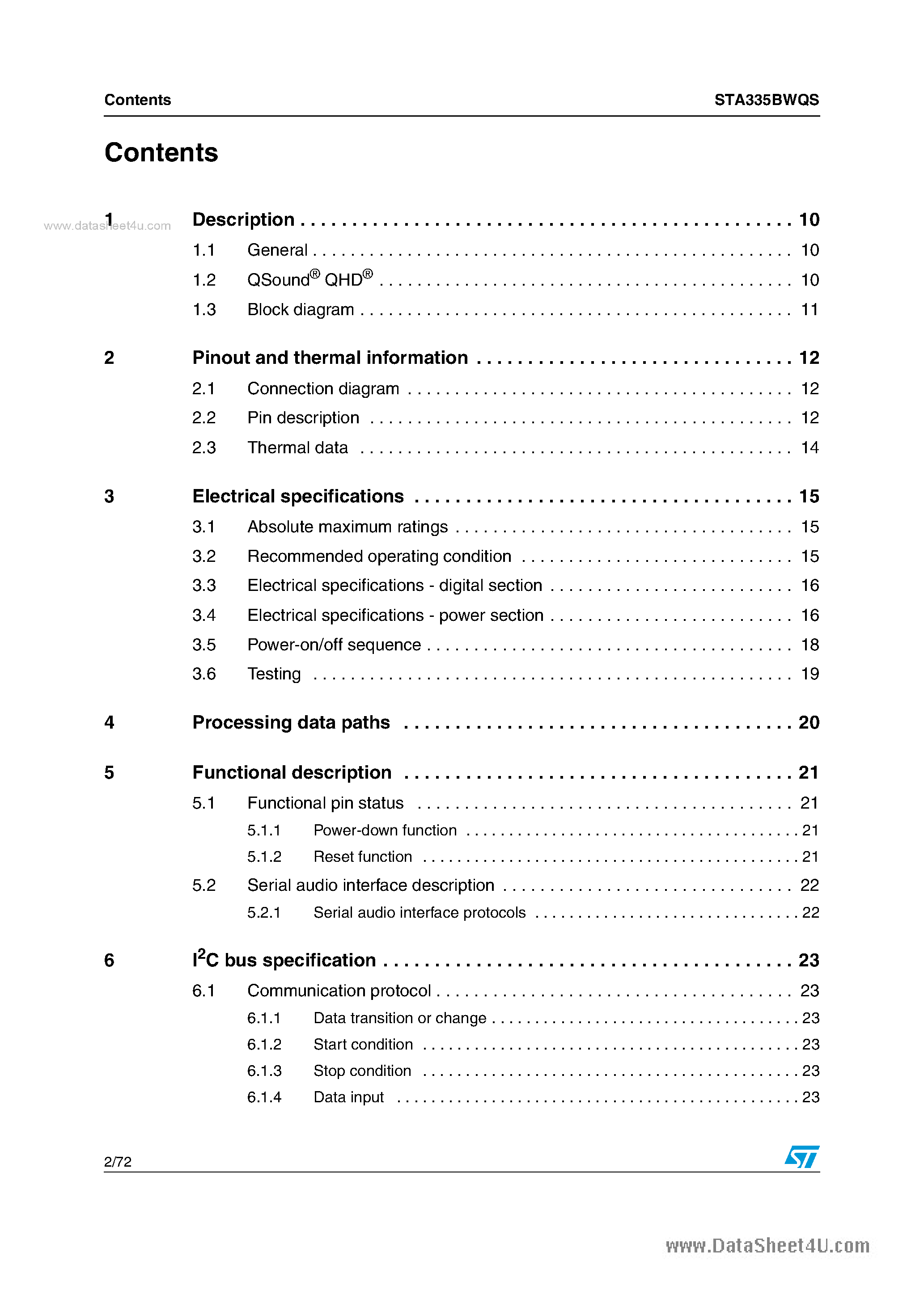 Datasheet STA335BWQS page 2 Datasheet STA335BWQS - 2.1-channel high-efficiency digital audio system page 2