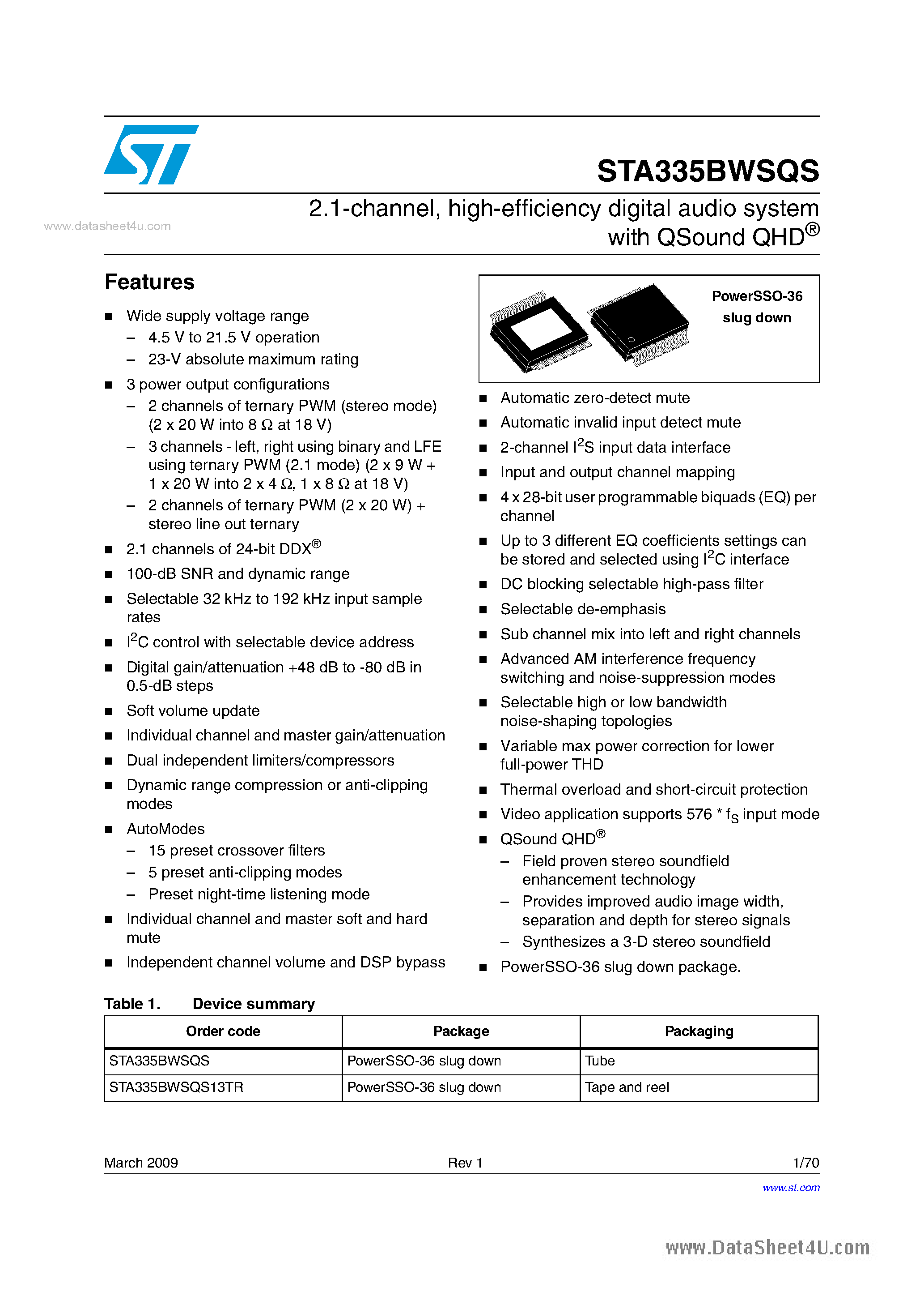 Datasheet STA335BWSQS page 1 Datasheet STA335BWSQS - high-efficiency digital audio system page 1