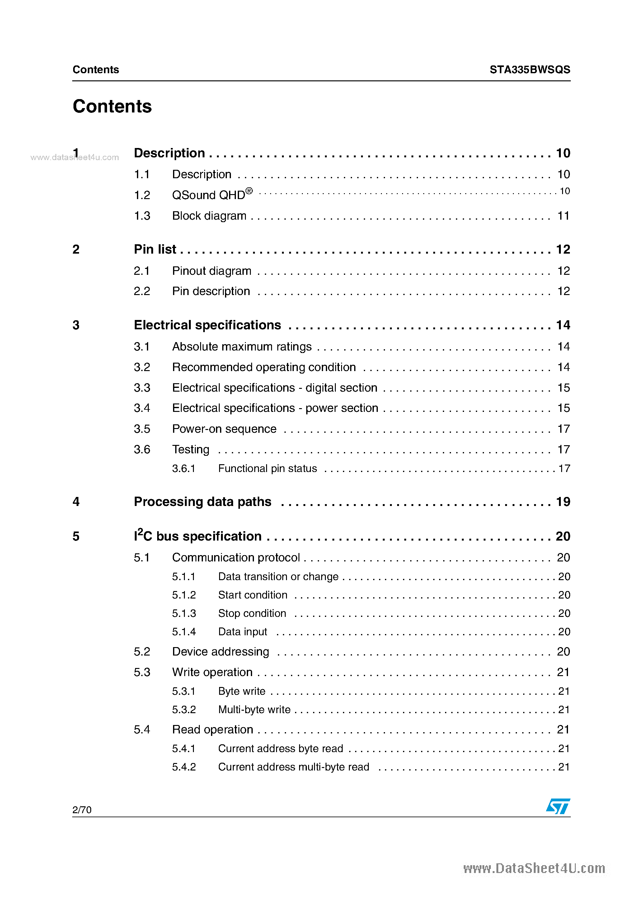 Datasheet STA335BWSQS page 2 Datasheet STA335BWSQS - high-efficiency digital audio system page 2