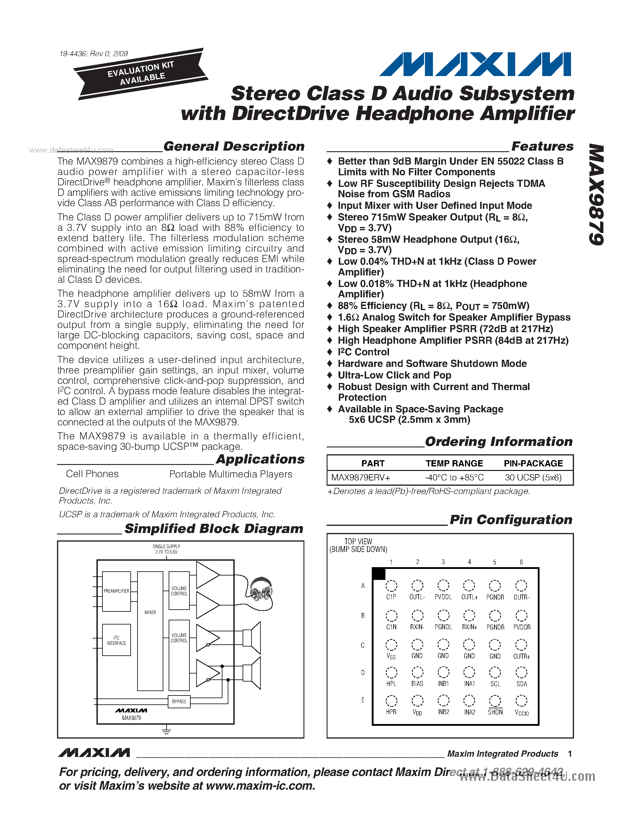 Даташит на микросхему MAX9879 страница 1 Даташит MAX9879 - Stereo Class D Audio Subsystem страница 1