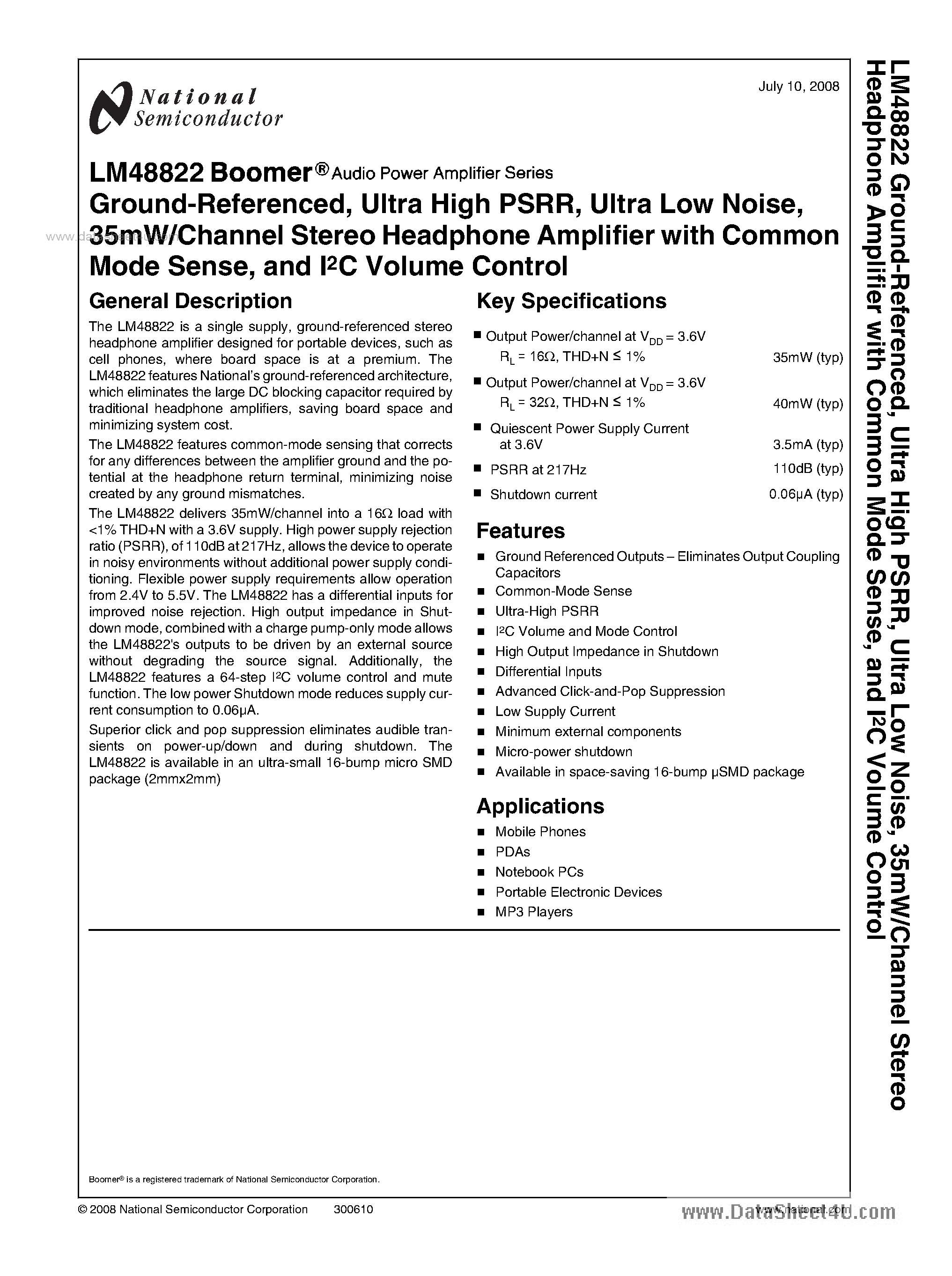Datasheet LM48822 - 35mW/Channel Stereo Headphone AMplifier page 1
