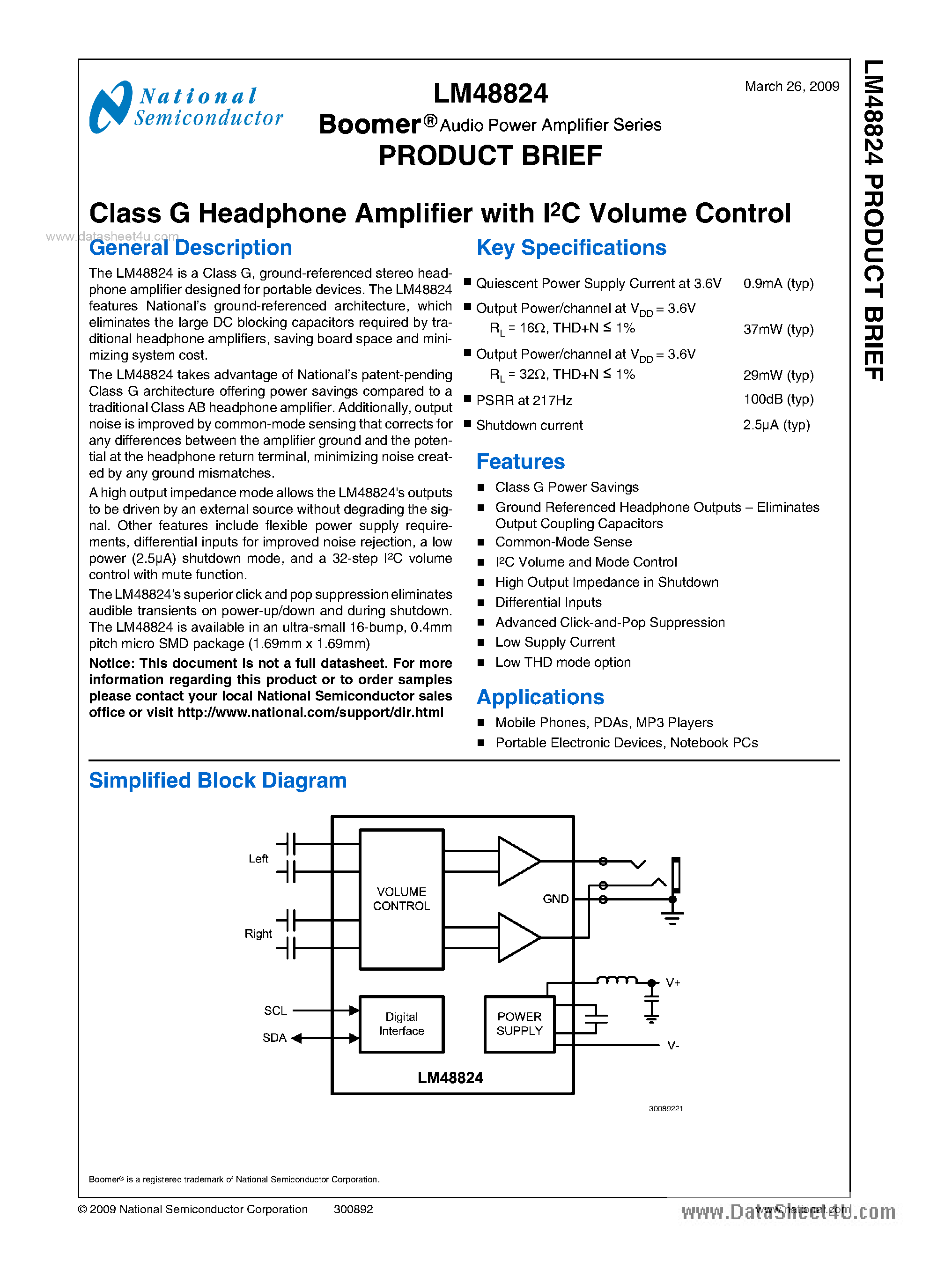 Datasheet LM48824 page 1 Datasheet LM48824 - Class G Headphone Amplifier page 1