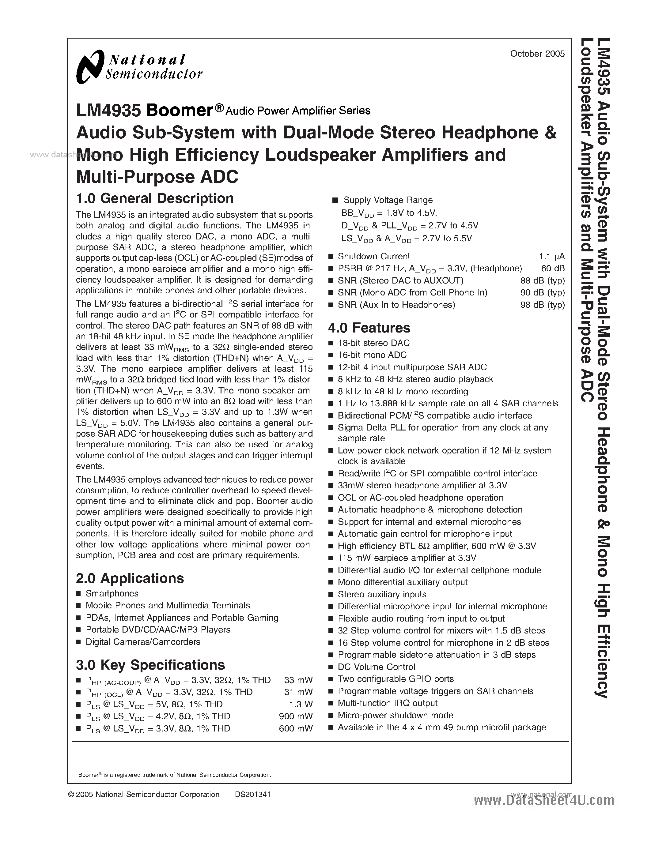 Даташит LM4935 - Audio Sub-System страница 1