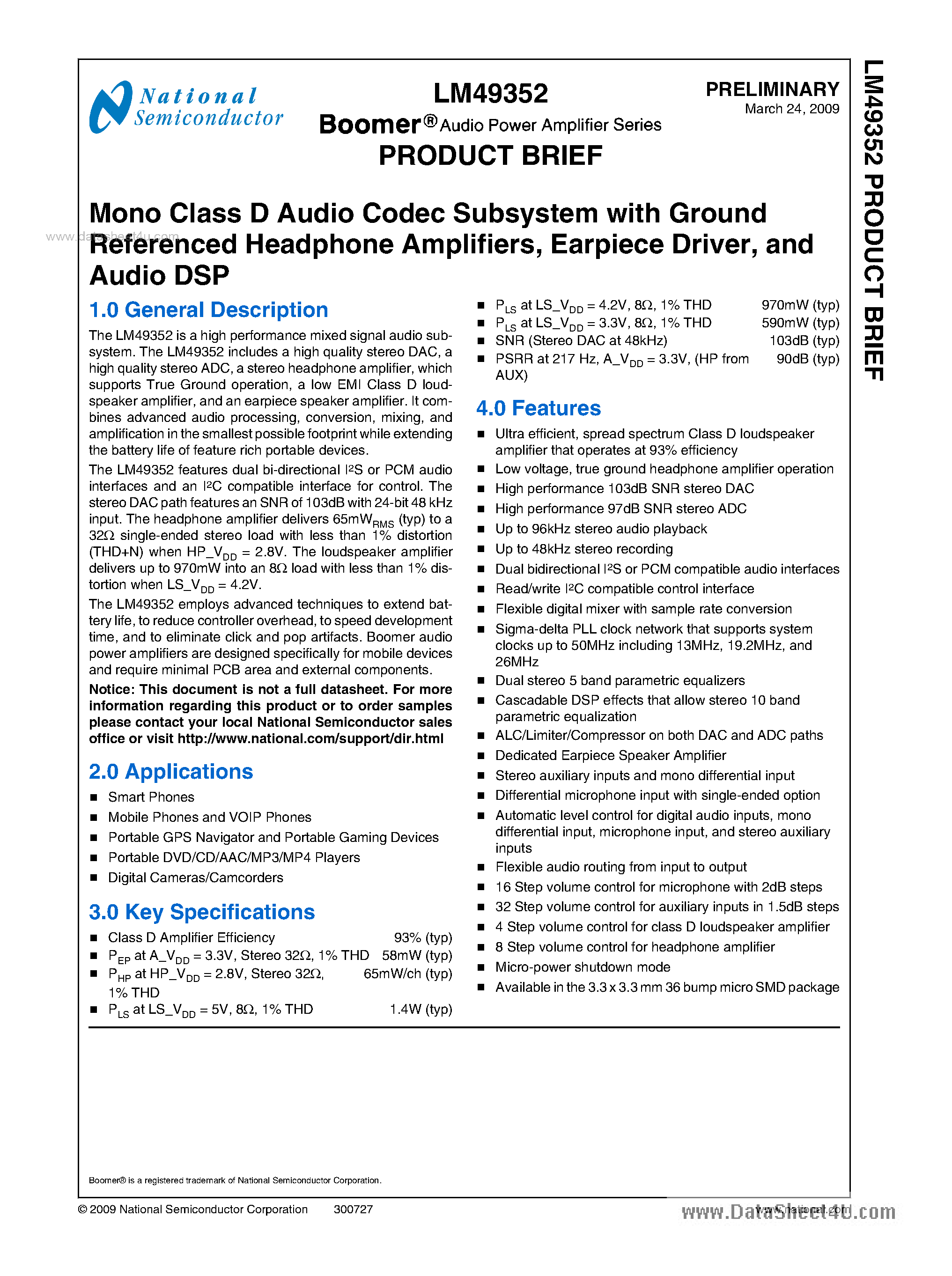 Datasheet LM49352 - Mono Class D Audio Codec Subsytem page 1