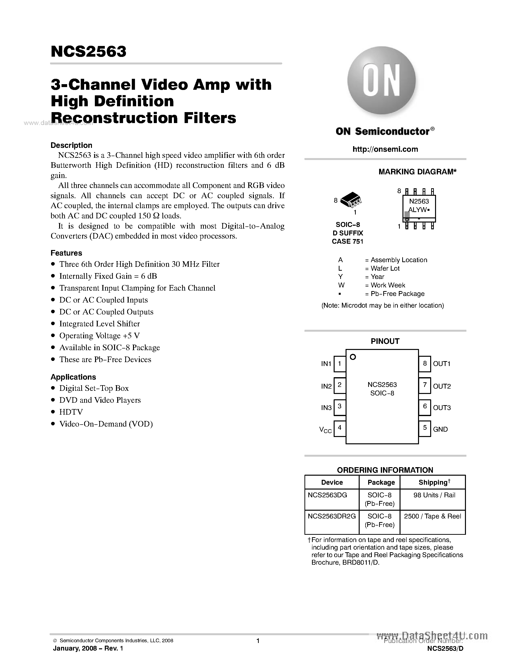 Datasheet NCS2563 - 3-Channel Video Amplifier page 1