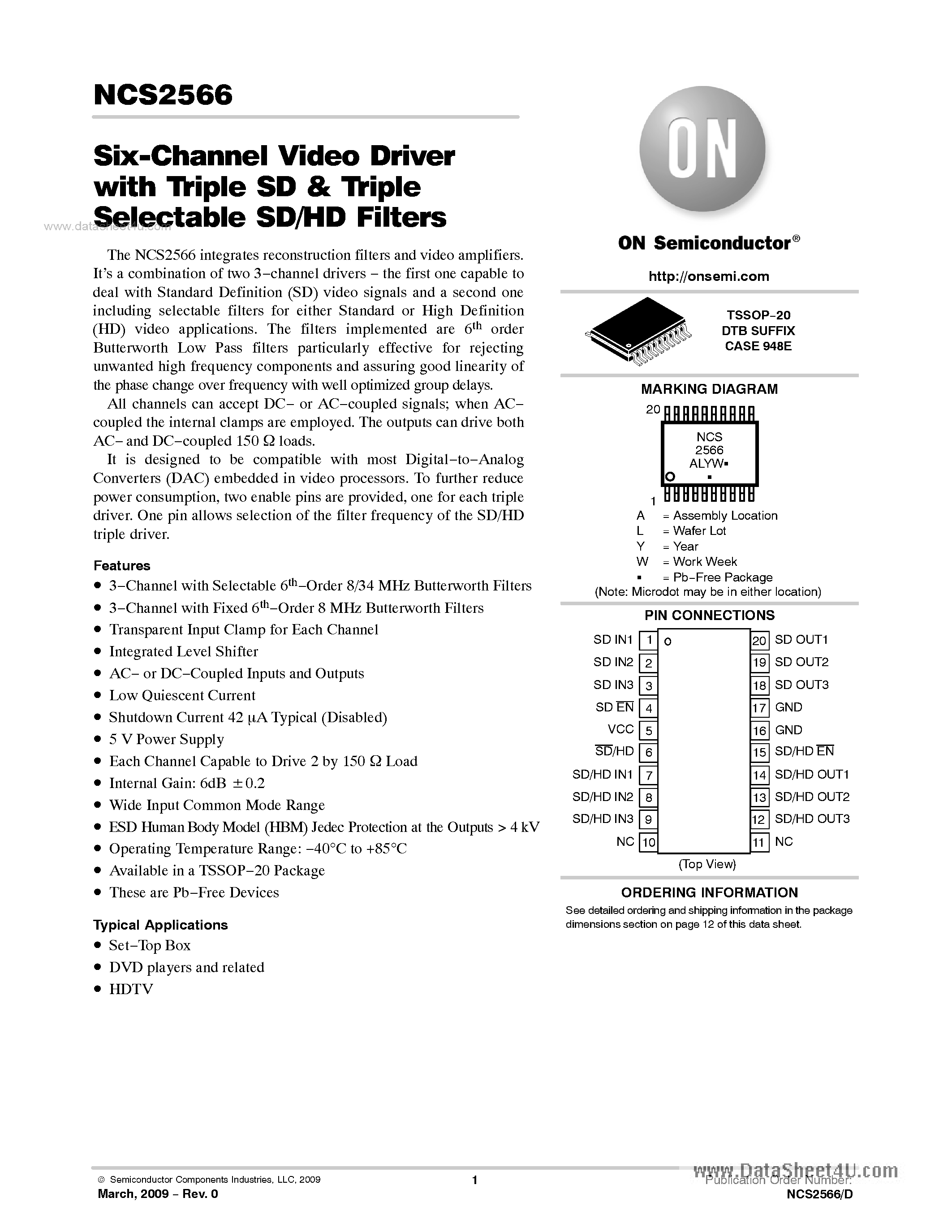 Datasheet NCS2566 - 6-Channel Video Amplifier page 1