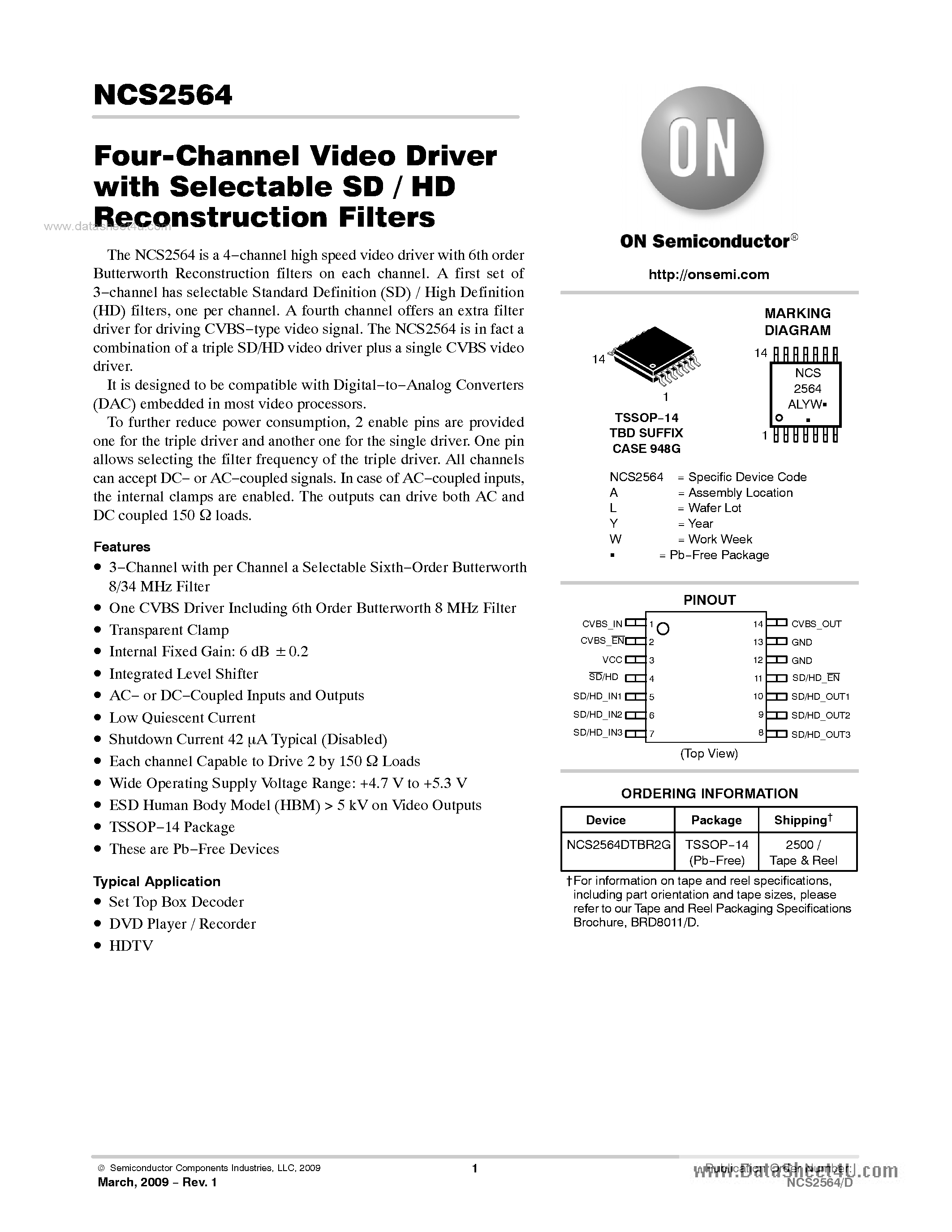 Datasheet NCS2564 - 4-Channel Video Driver page 1