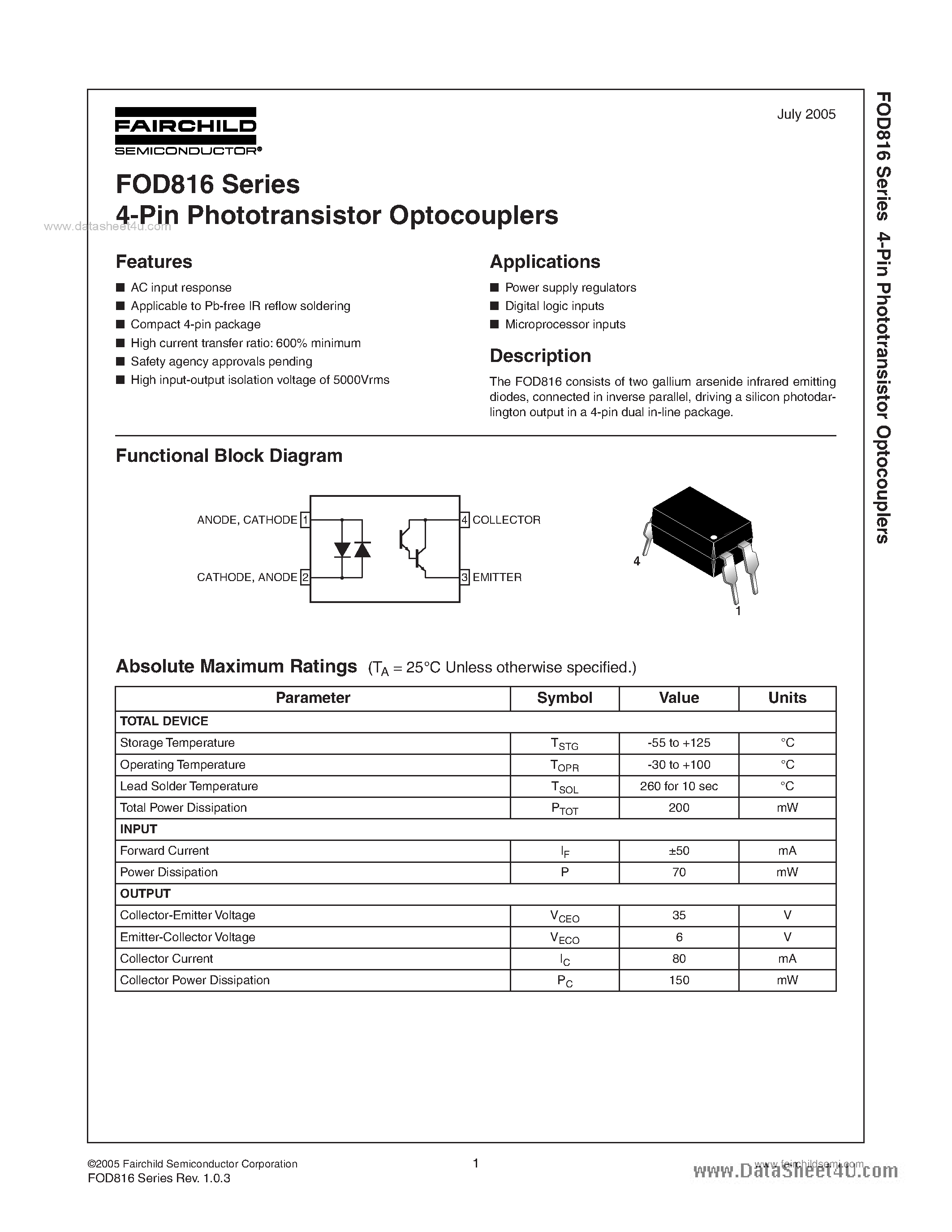 Даташит FOD816 - 4-Pin Phototransistor Optocouplers страница 1