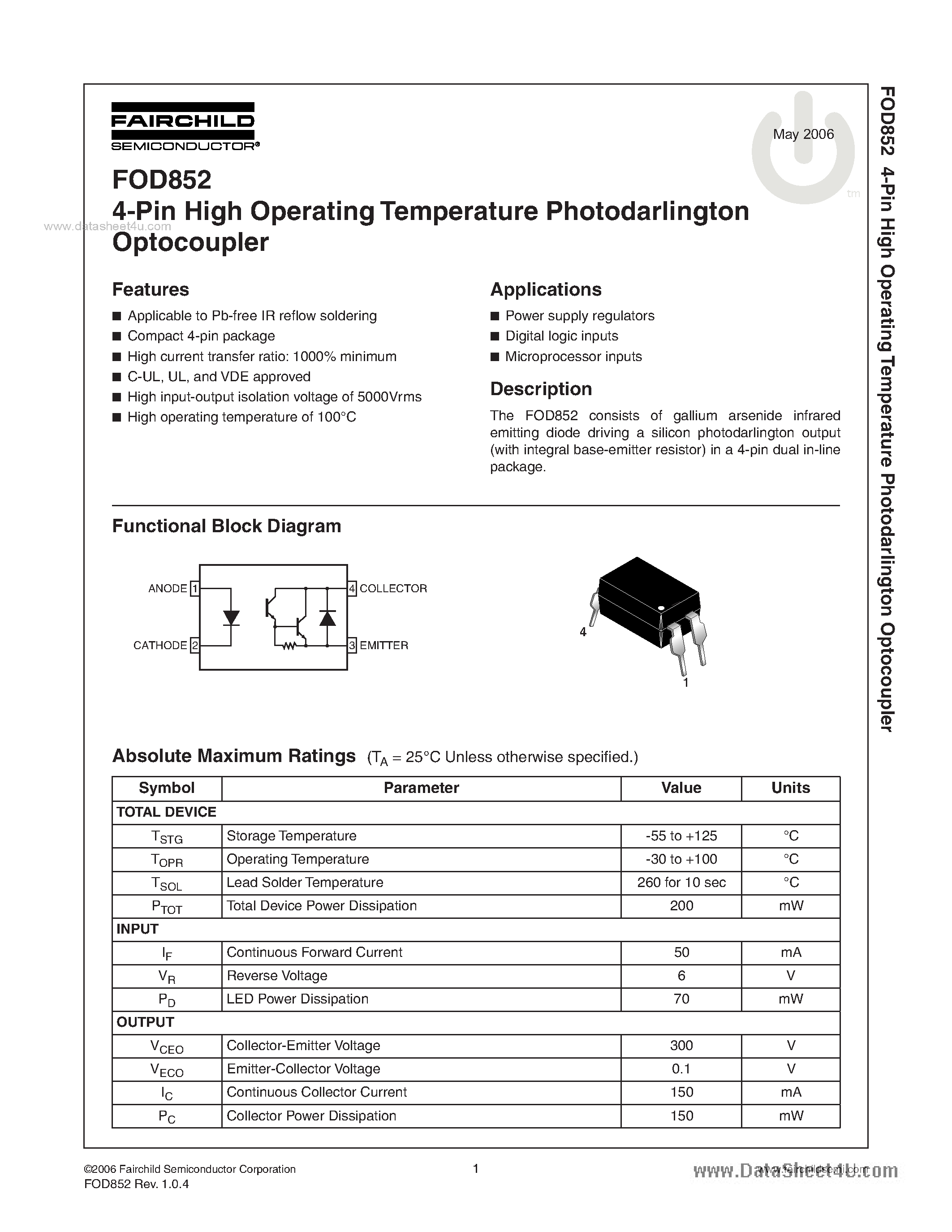 Даташит FOD852 - 4-Pin High Operating Temperature Photodarlington Optocoupler страница 1