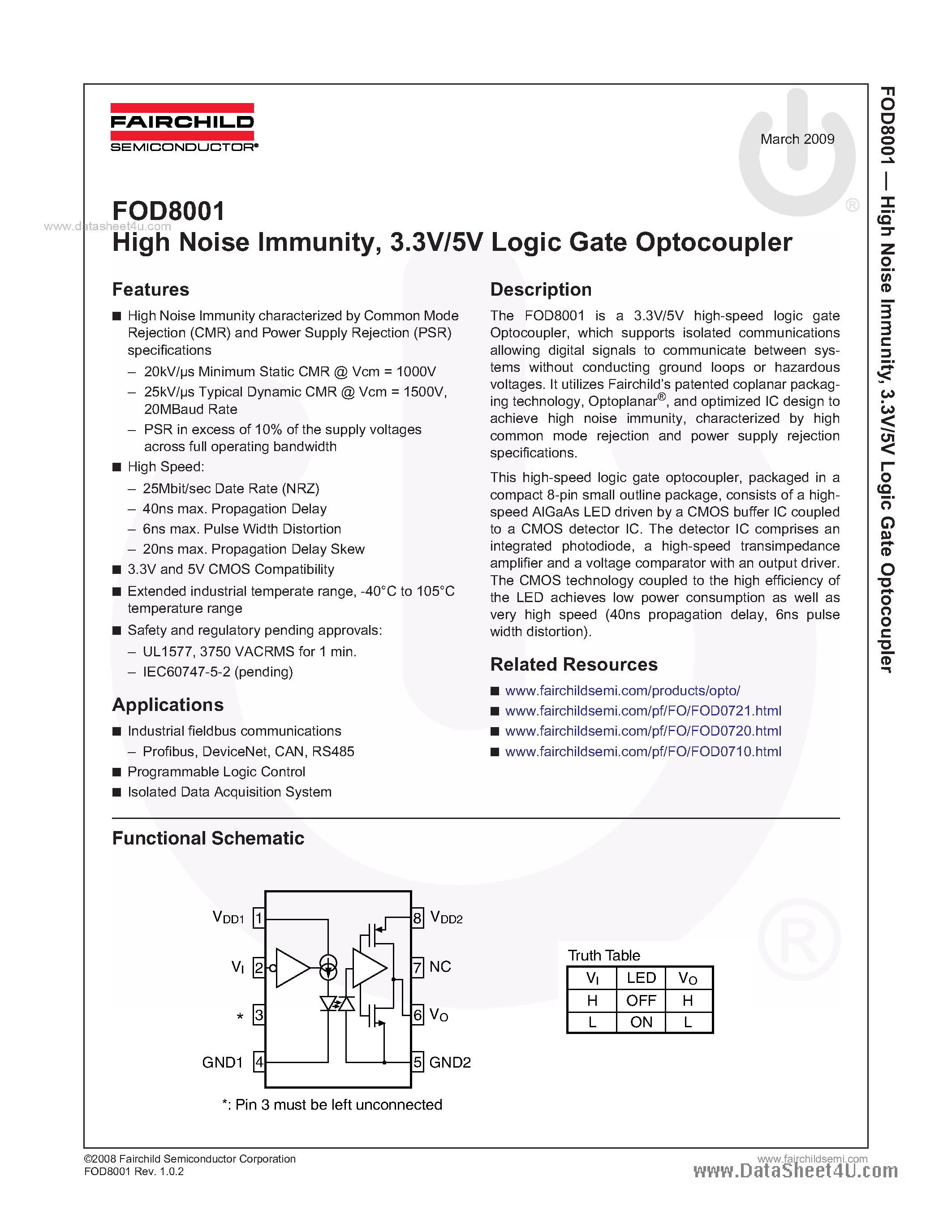 Даташит FOD8001 - 3.3V Logic Gate Optocoupler страница 1