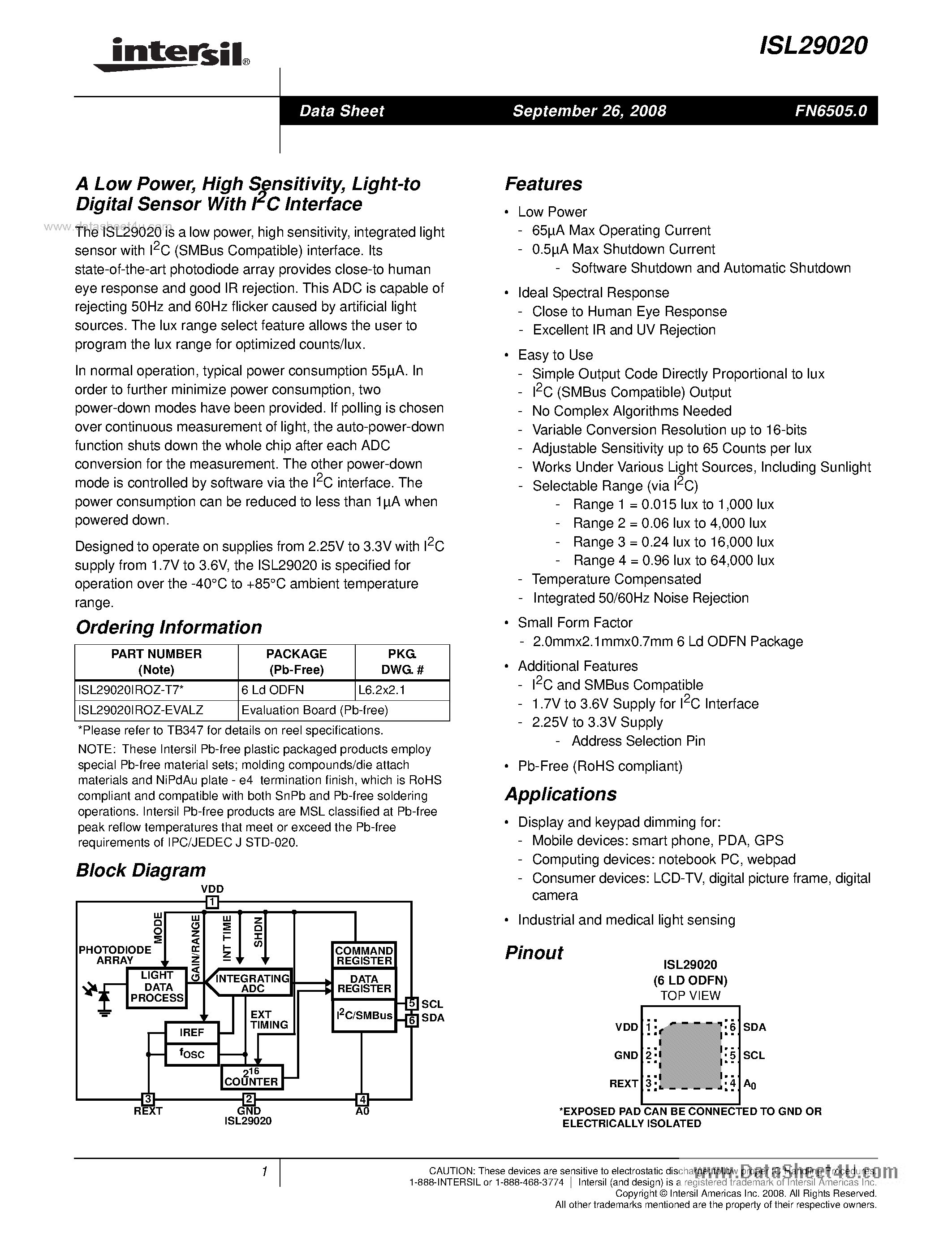 Даташит ISL29020 - A Low Power High Sensitivity / Light-to Digital Sensor страница 1