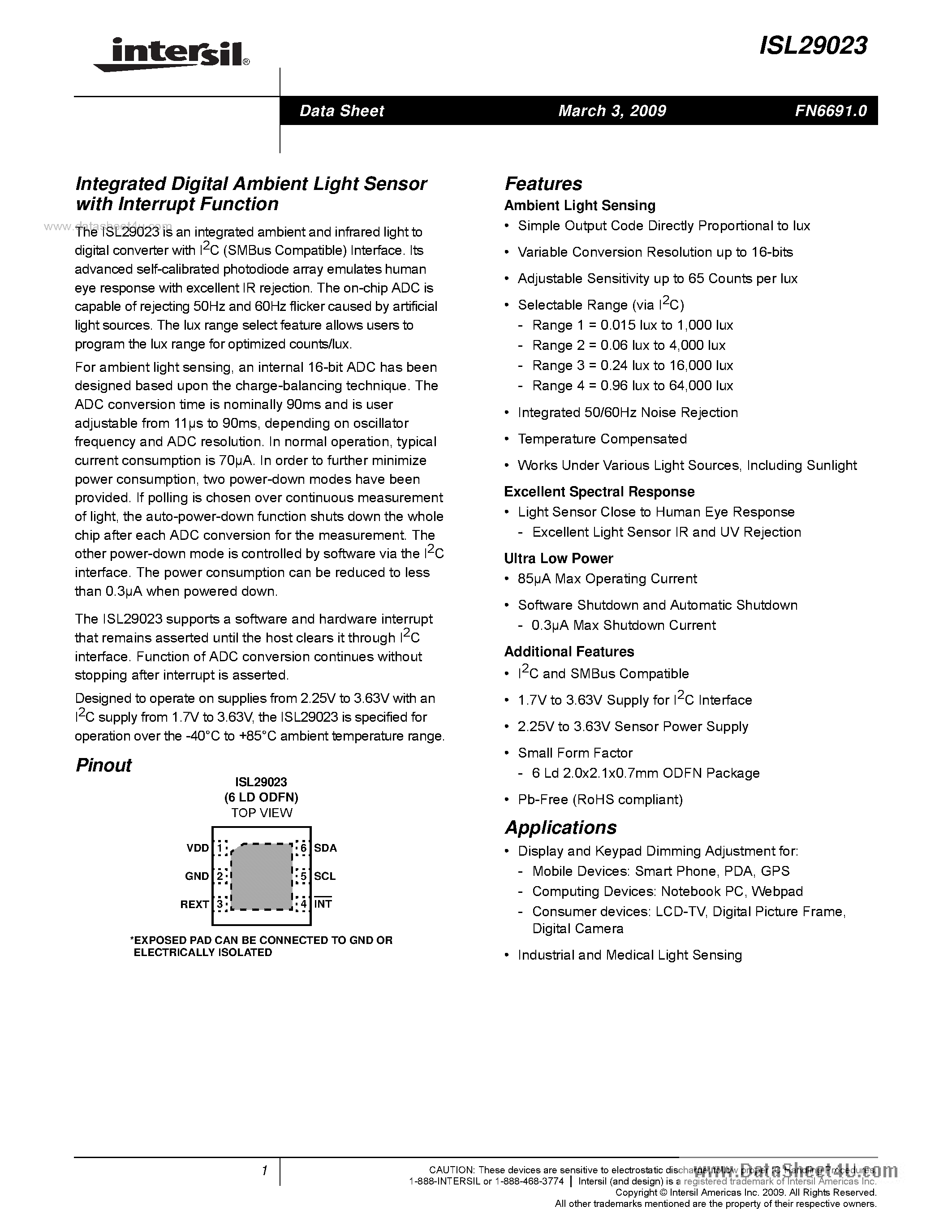 Даташит ISL29023 - Ntegrated Digital Ambient Light Sensor страница 1