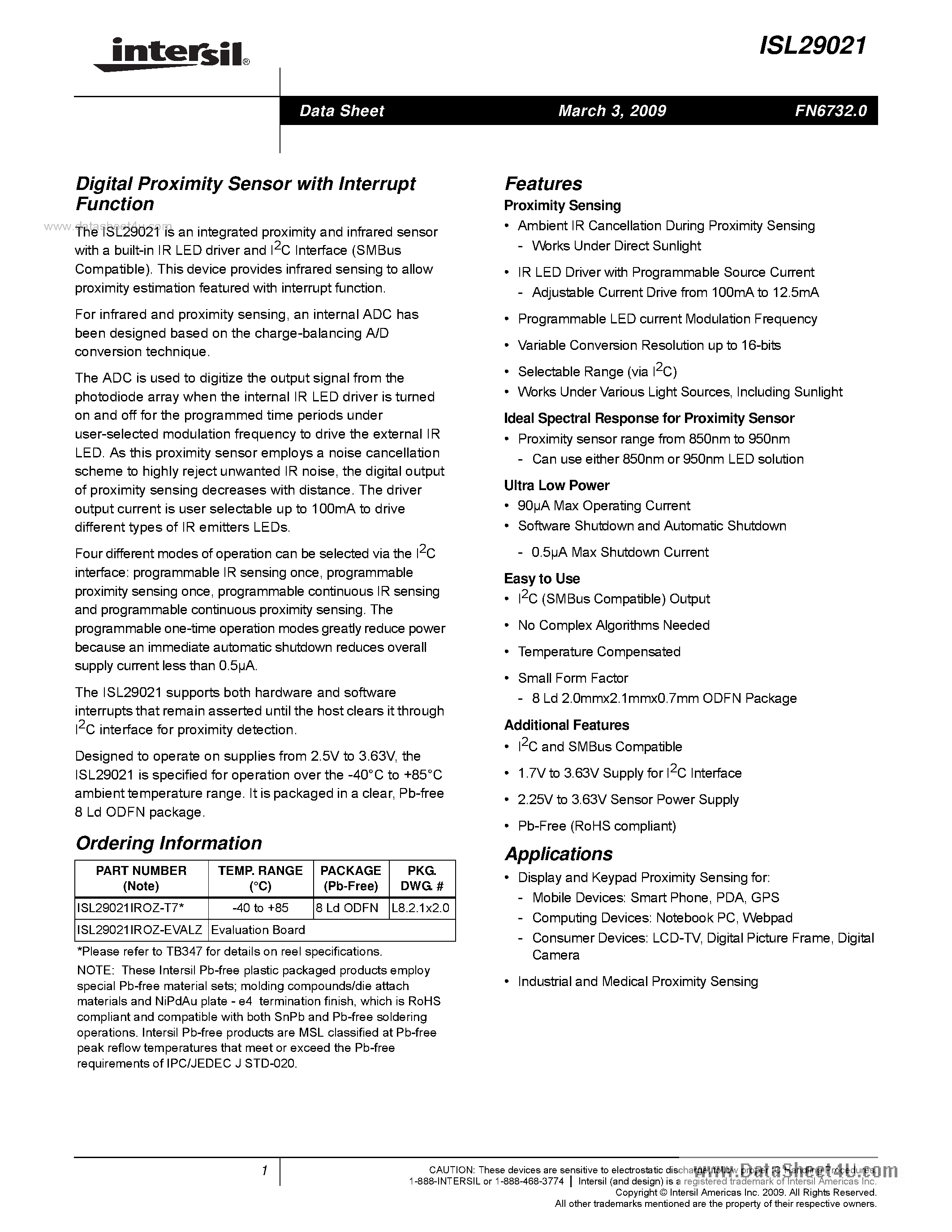 Даташит ISL29021 - Digital Proximity Sensor страница 1