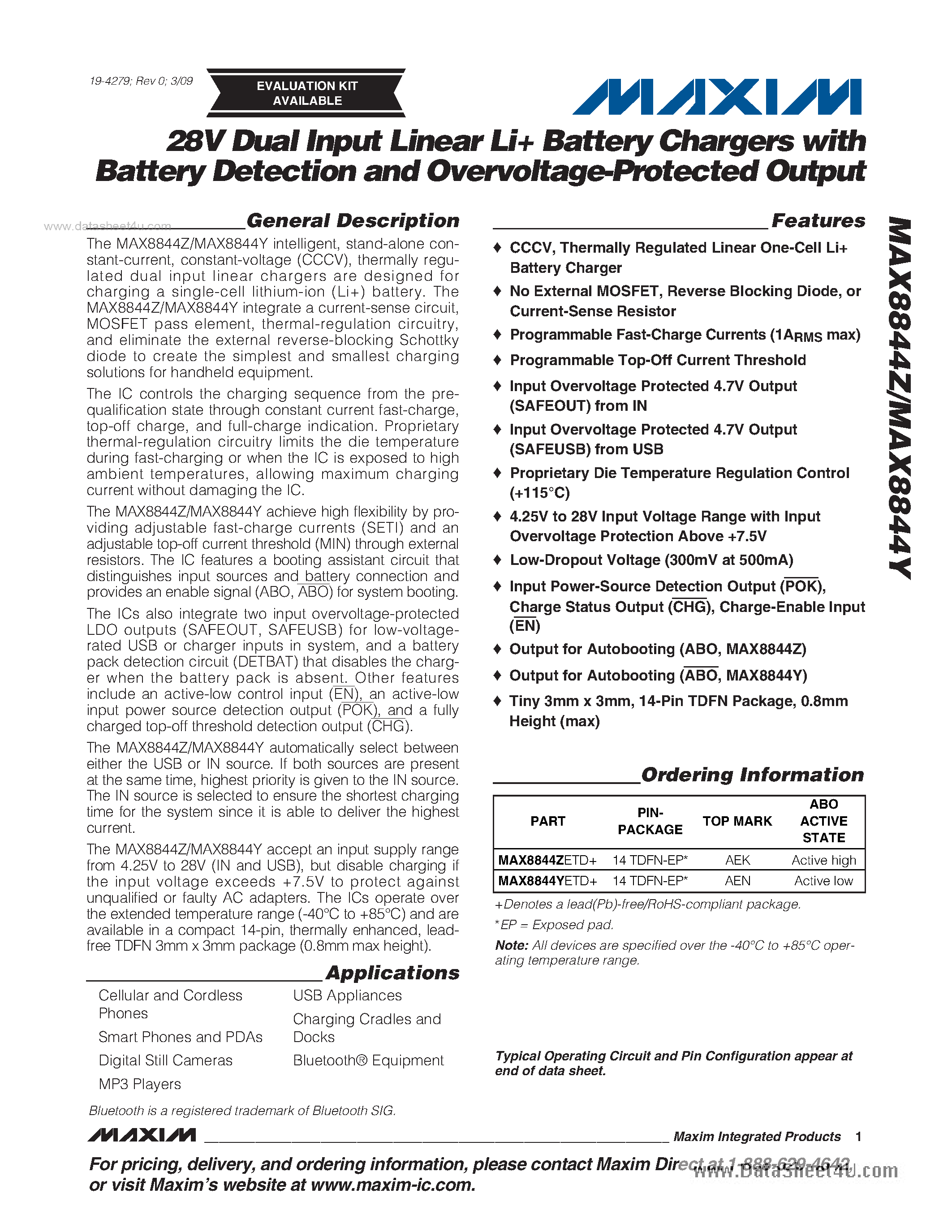 Datasheet MAX8844Y - 28V Dual Input Linear Li+ Battery Chargers page 1