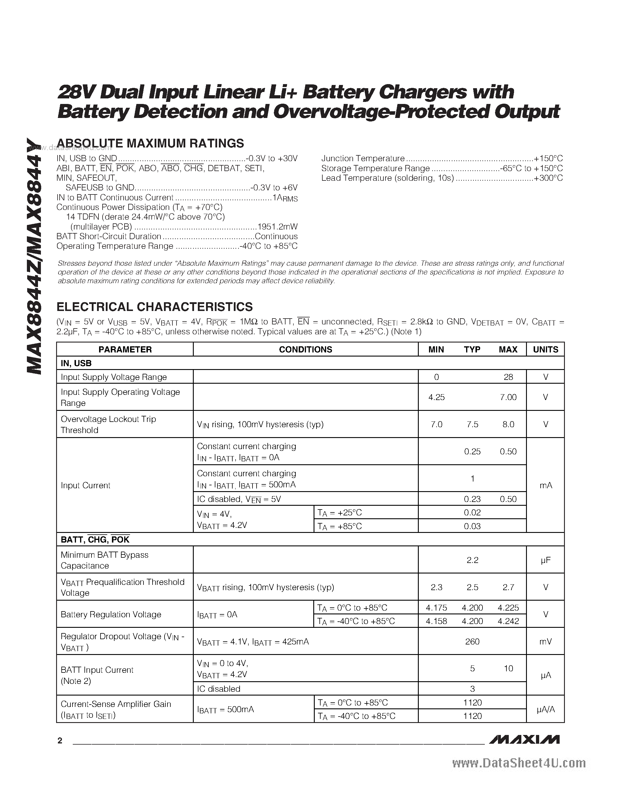 Datasheet MAX8844Y - 28V Dual Input Linear Li+ Battery Chargers page 2