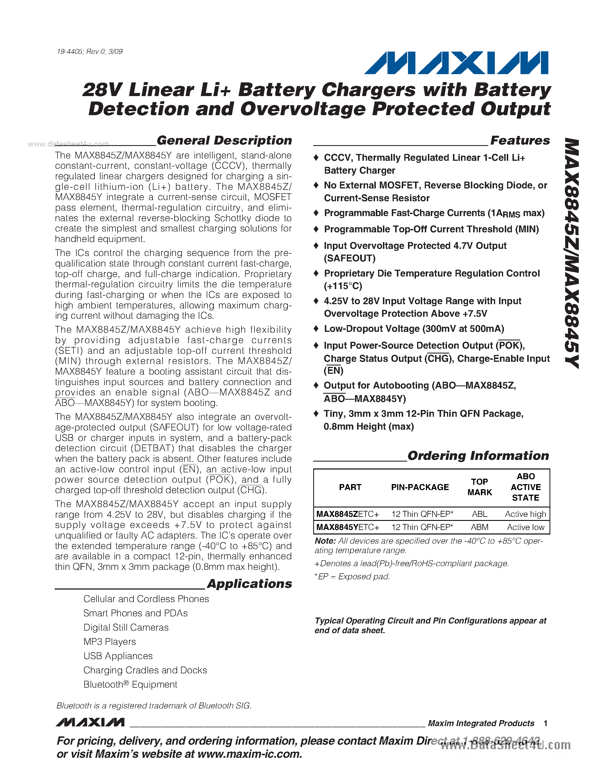 Datasheet MAX8845Y - 28V Linear Li+ Battery Chargers page 1