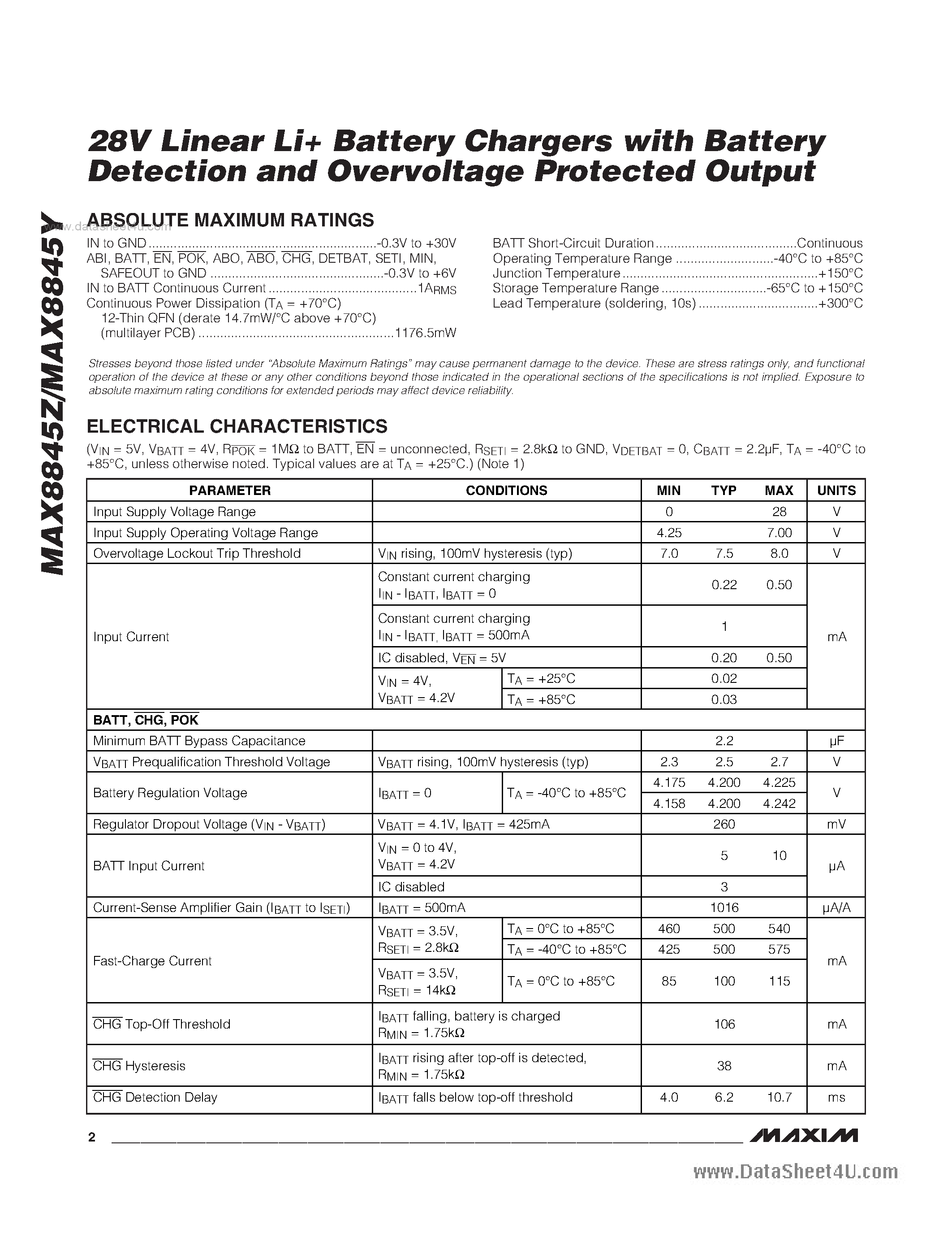 Datasheet MAX8845Y - 28V Linear Li+ Battery Chargers page 2