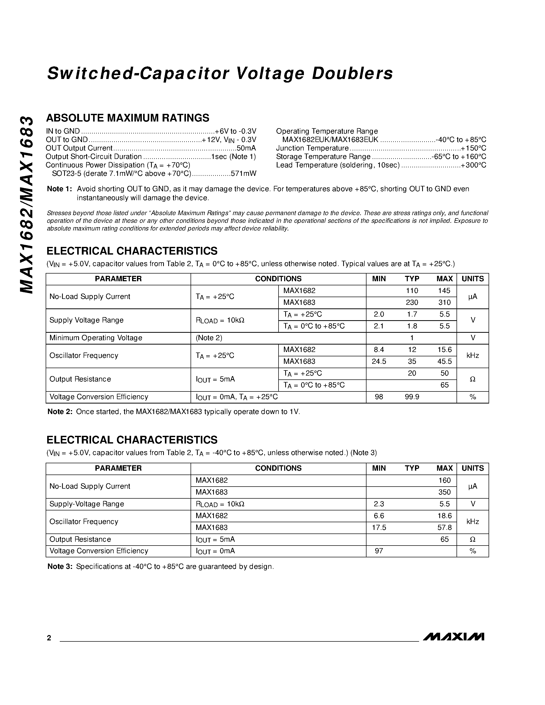 Datasheet MAX1682-MAX1683 - Switched-Capacitor Voltage Doublers page 2