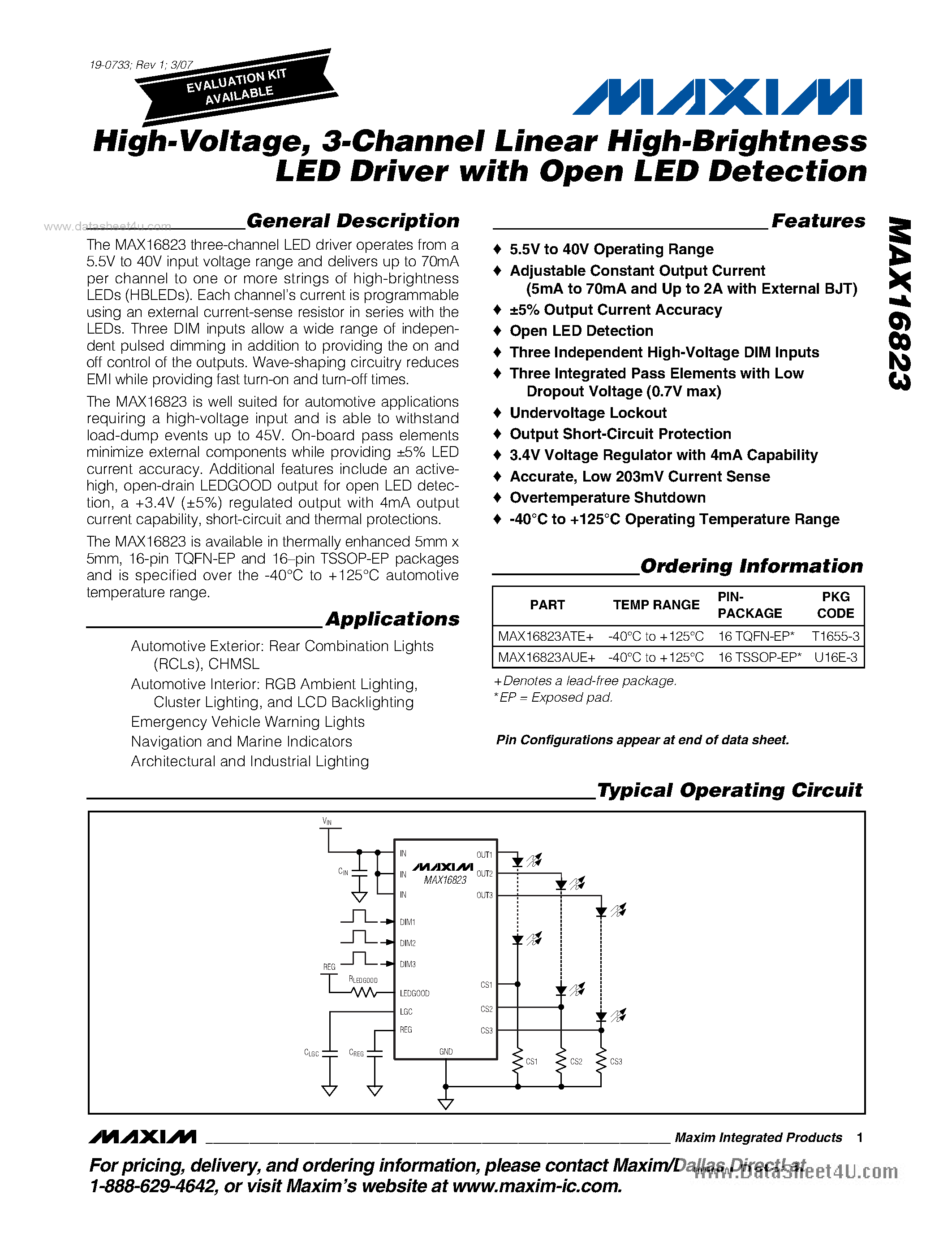 Datasheet MAX16823 - 3-Channel Linear High-Brightness LED Driver page 1