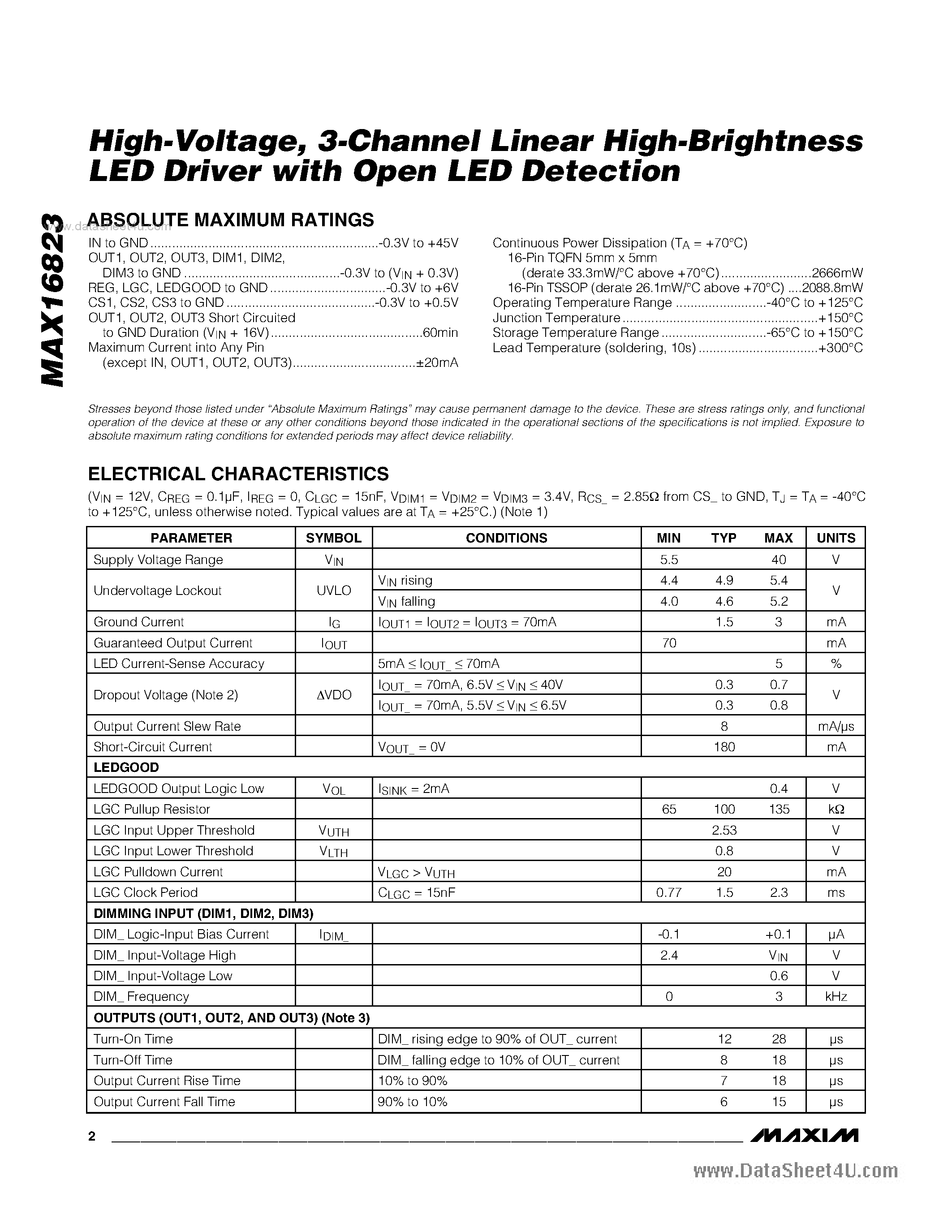 Datasheet MAX16823 - 3-Channel Linear High-Brightness LED Driver page 2
