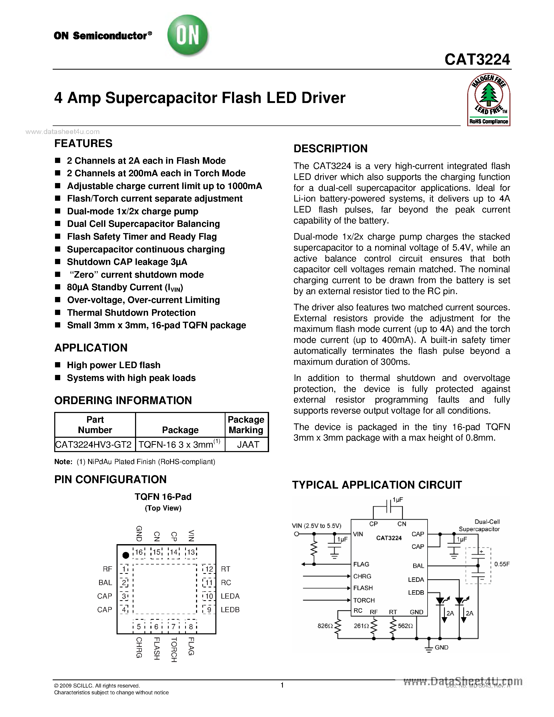 Datasheet CAT3224 - 4 Amp Supercapacitor Flash LED Driver page 1