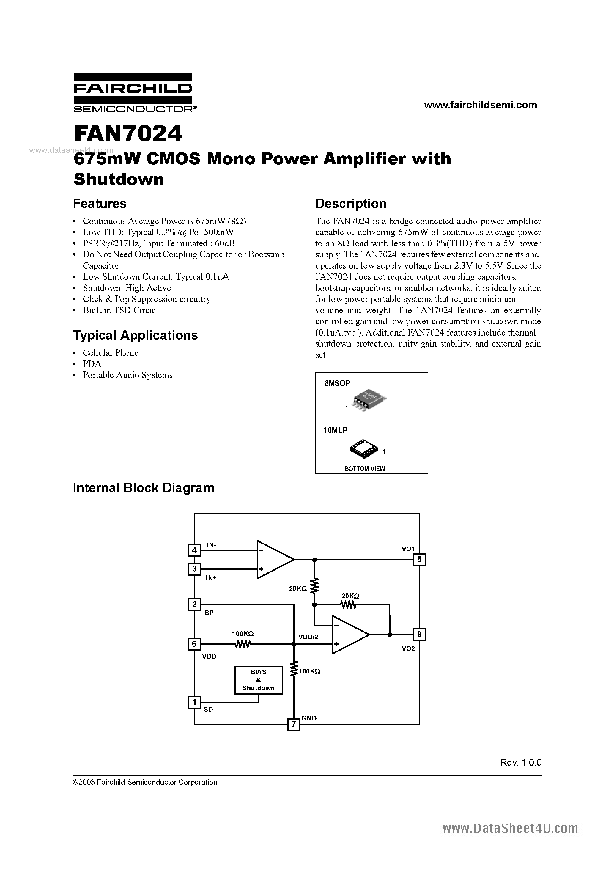 Даташит FAN7024 - 675mW CMOS Mono Power Amplifier страница 1