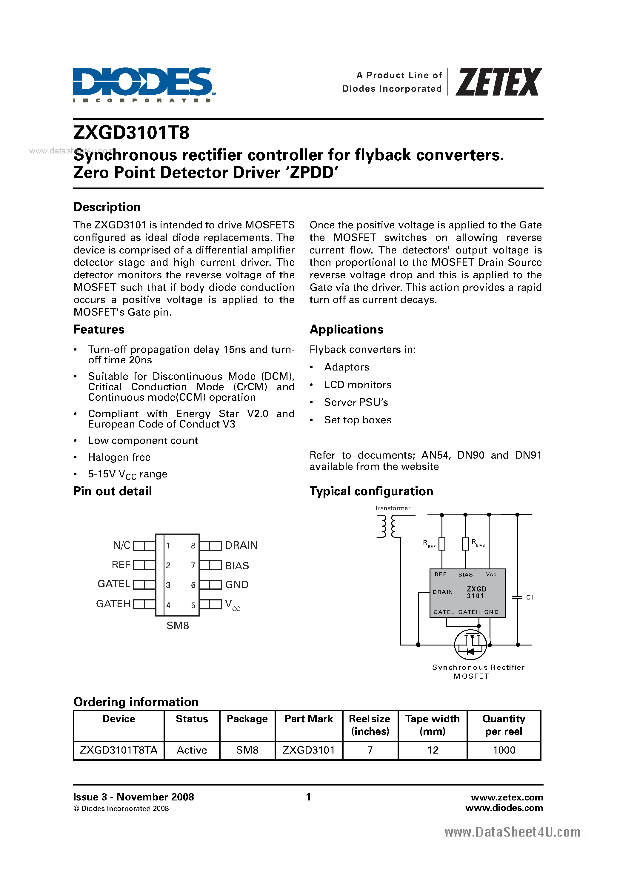 Datasheet ZXGD3101T8 - Synchronous rectifier controller page 1