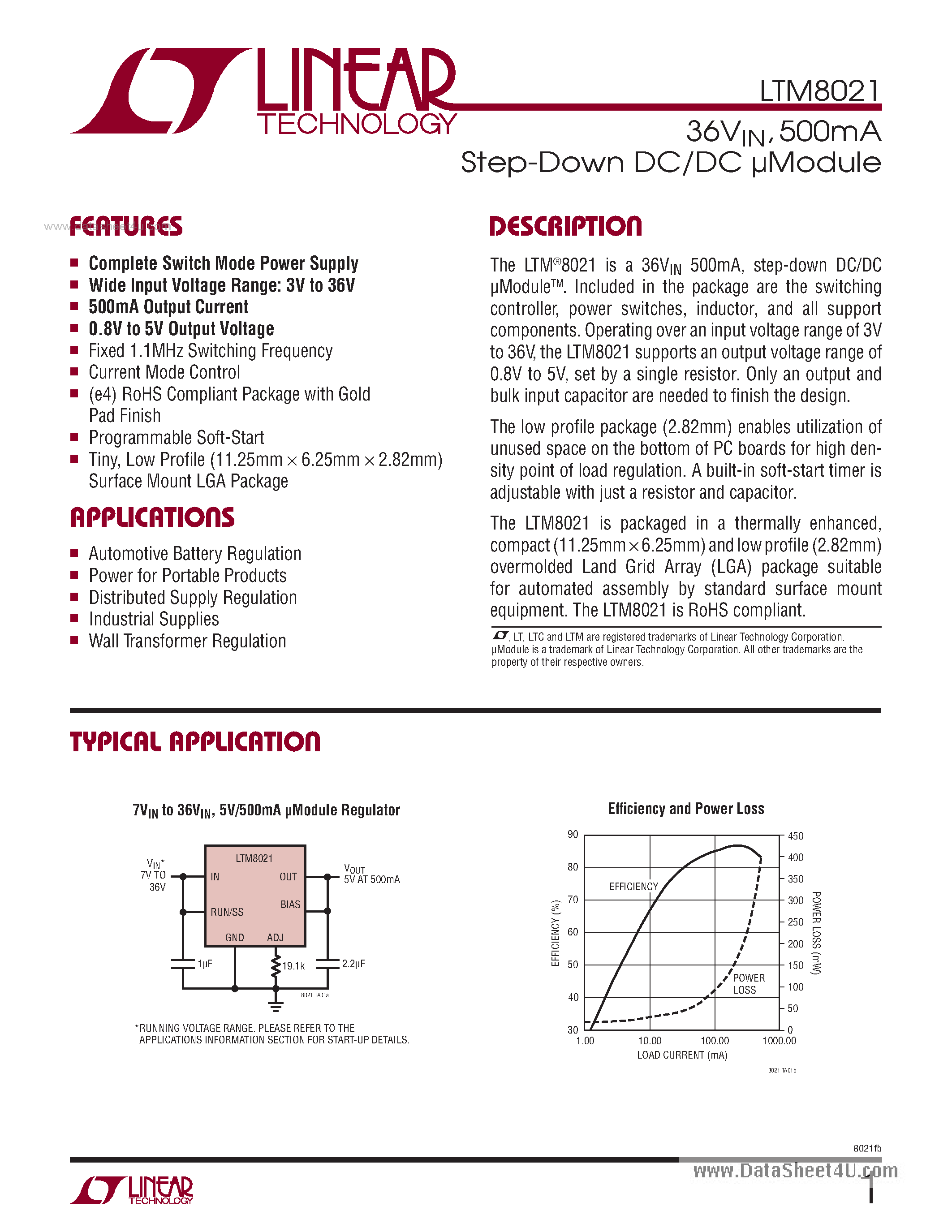 Datasheet LTM8021 - 500mA Step-Down DC/DC Module page 1