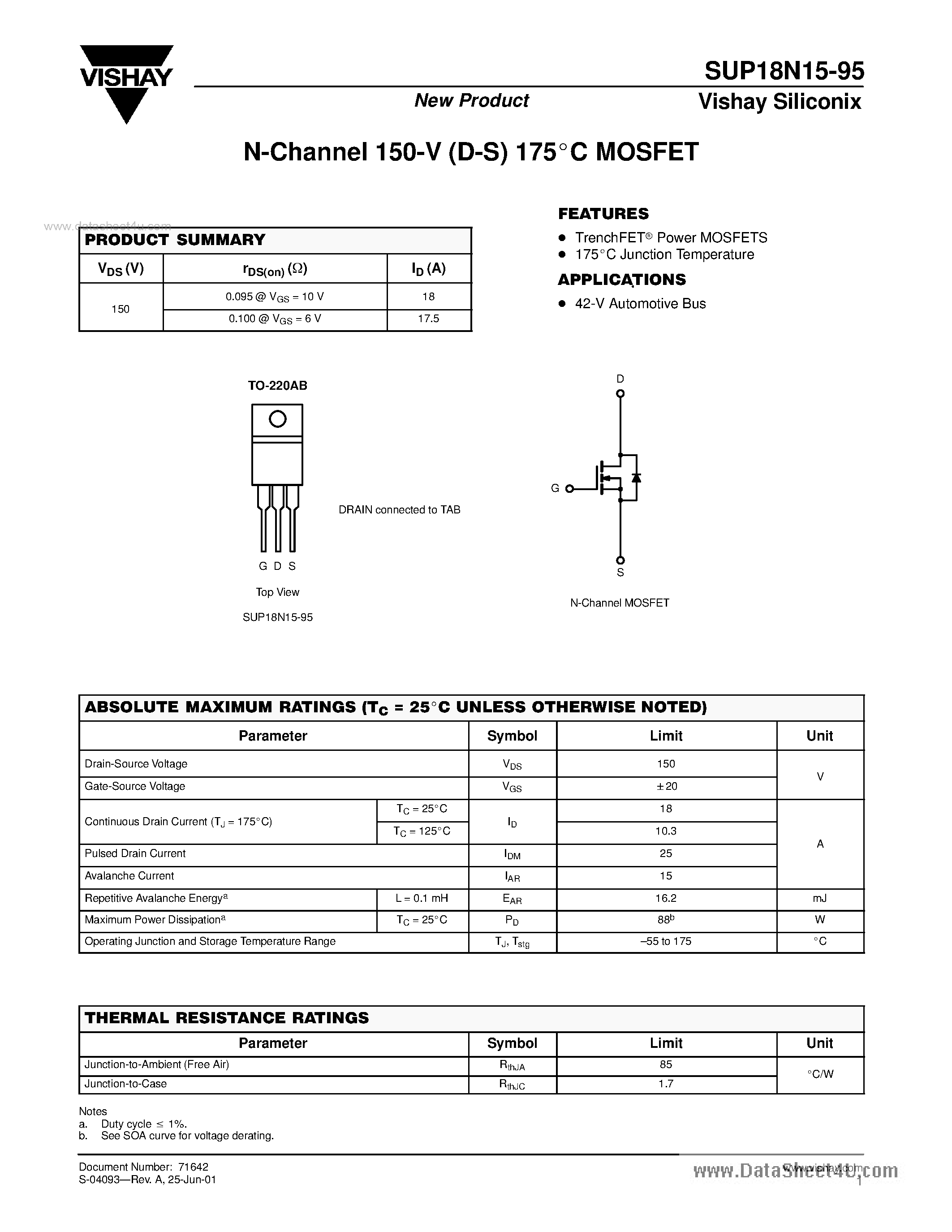 Datasheet SUP18N15-95 page 1 Datasheet SUP18N15-95 - N-Channel MOSFET page 1