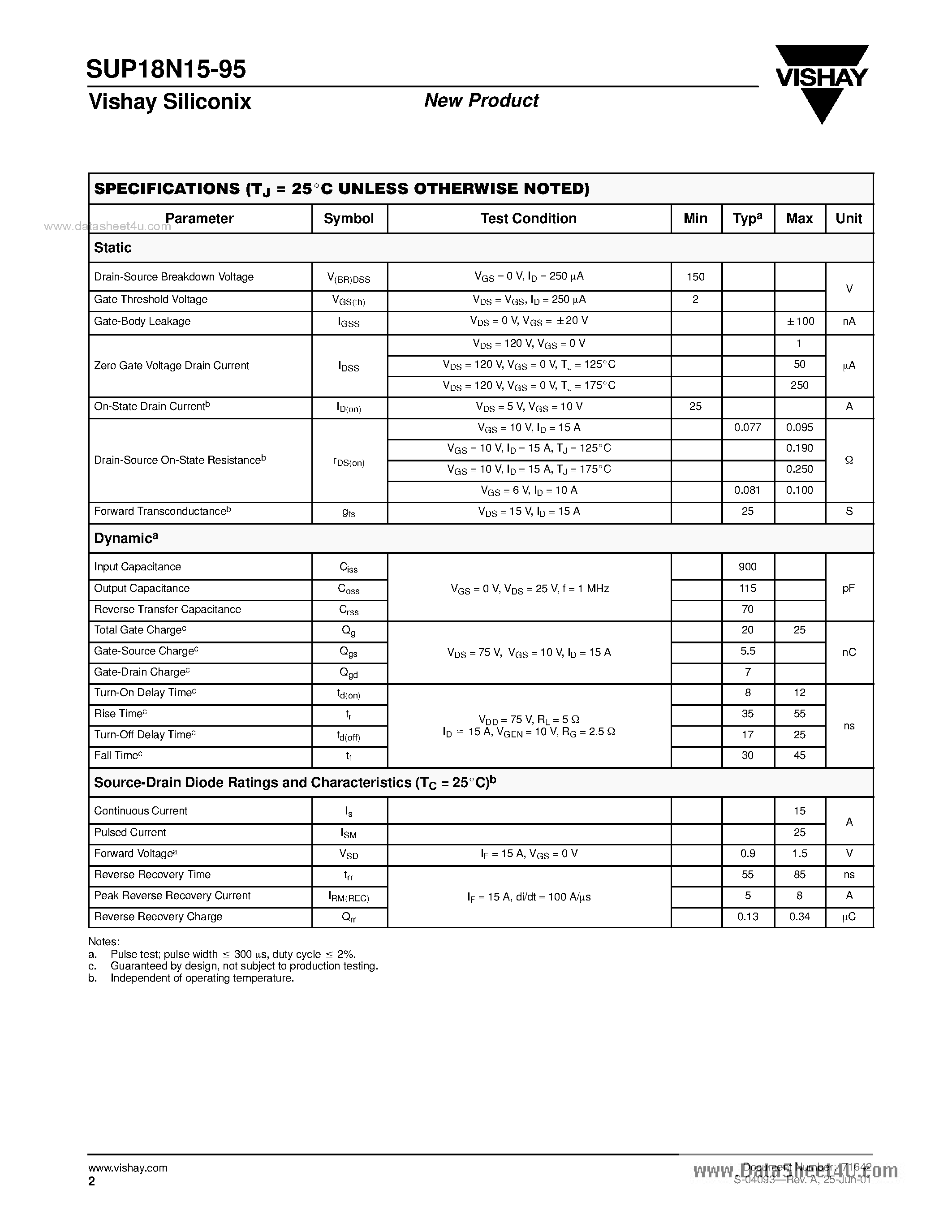 Datasheet SUP18N15-95 page 2 Datasheet SUP18N15-95 - N-Channel MOSFET page 2