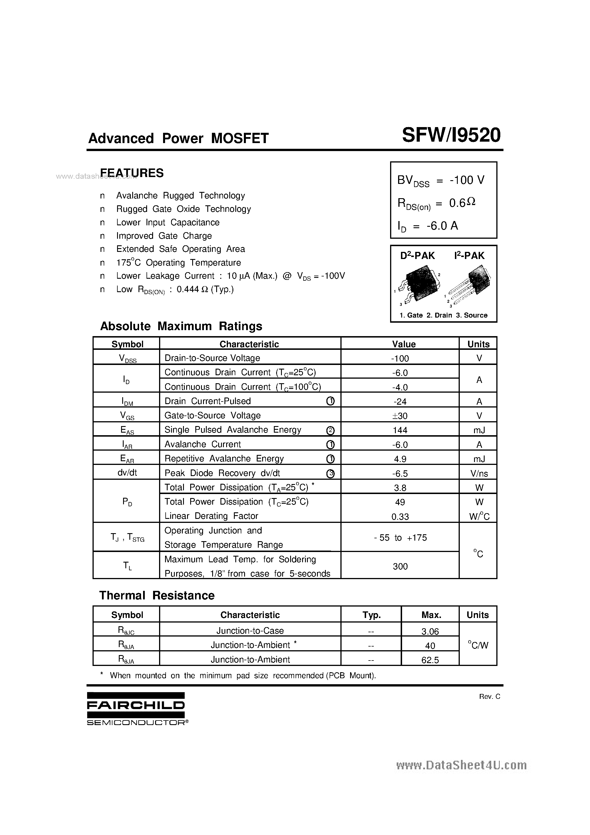 Datasheet SFW9520 - Advanced Power MOSFET page 1