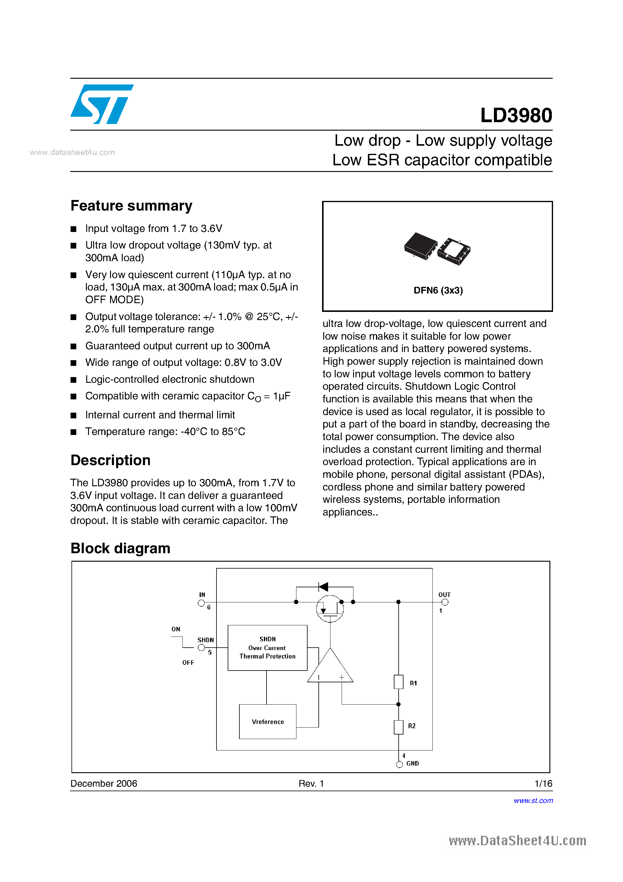 Datasheet LD3980 - Low drop - Low supply voltage Low ESR capacitor compatible page 1