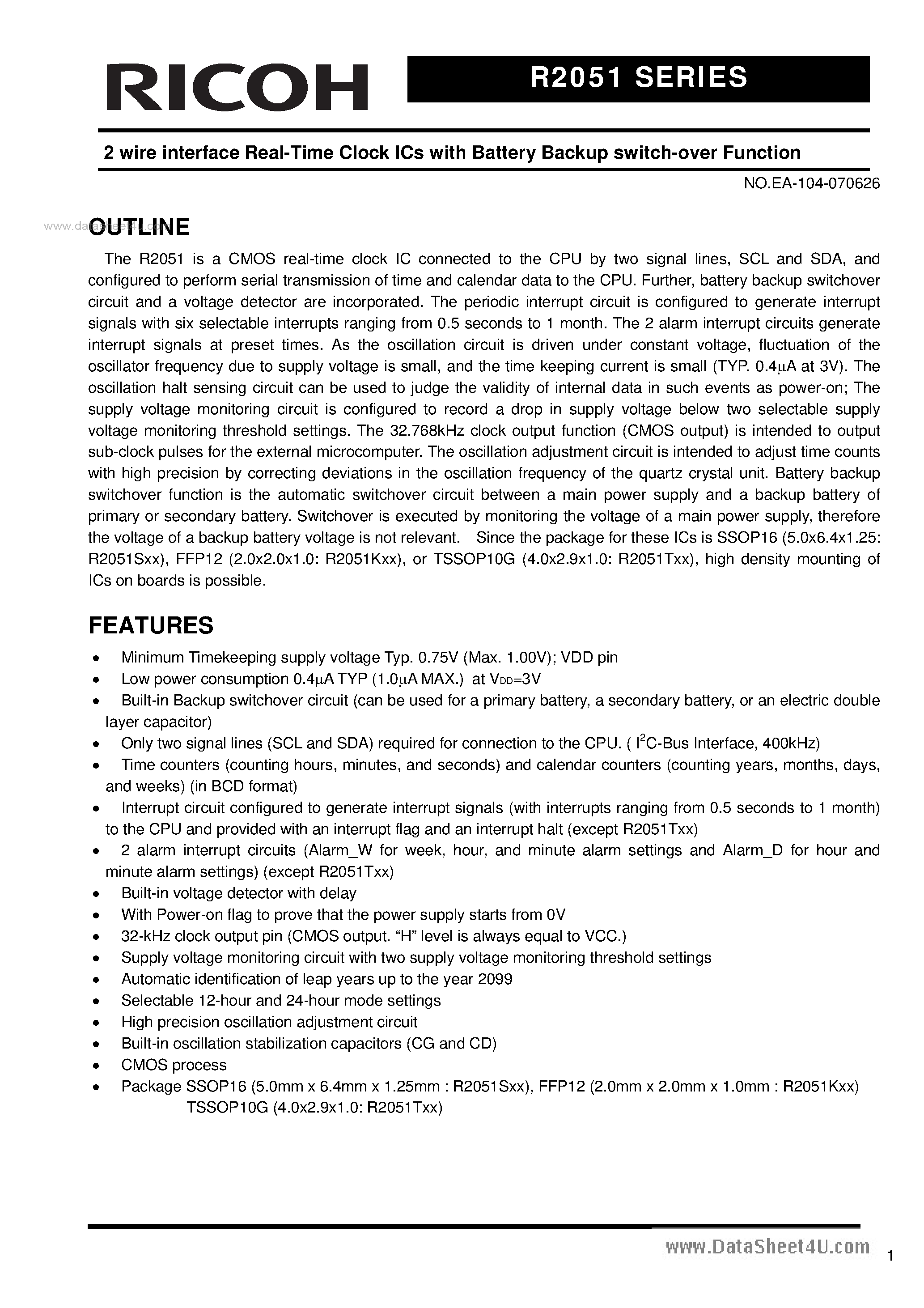 Datasheet R2051 - 2 wire interface Real-Time Clock ICs page 1