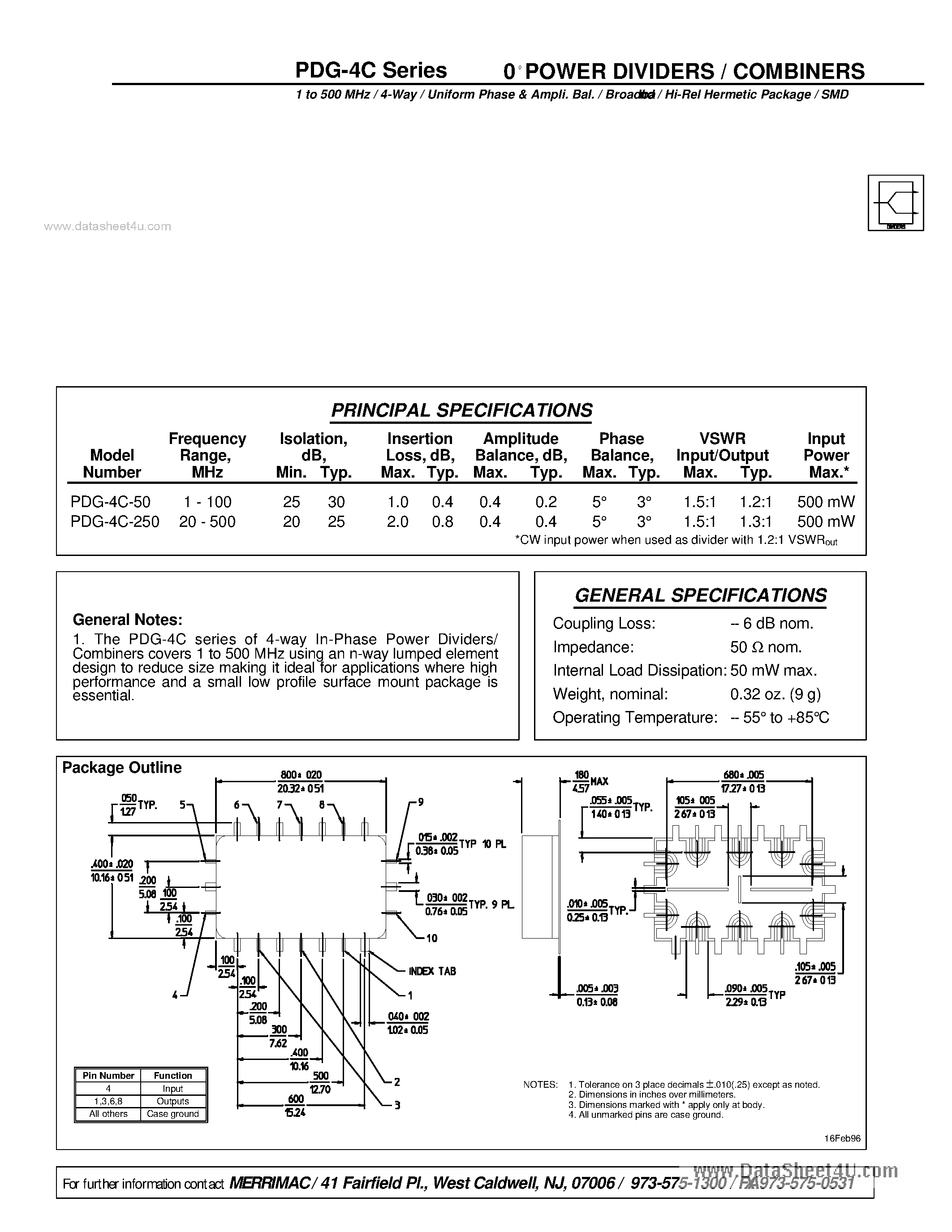 Datasheet PDG-4C - 0 POWER DIVIDERS / COMBINERS page 1