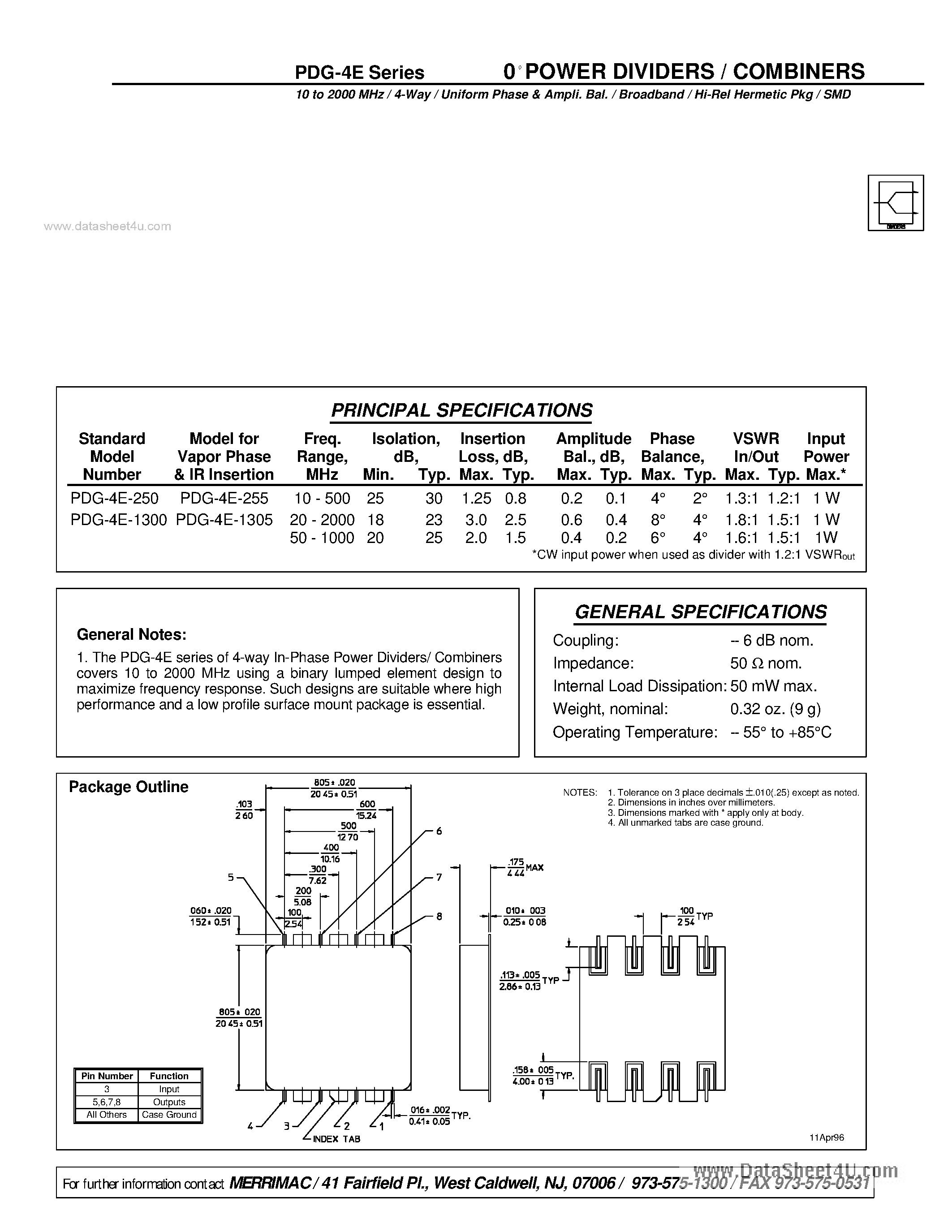 Datasheet PDG-4E - 0 POWER DIVIDERS / COMBINERS page 1