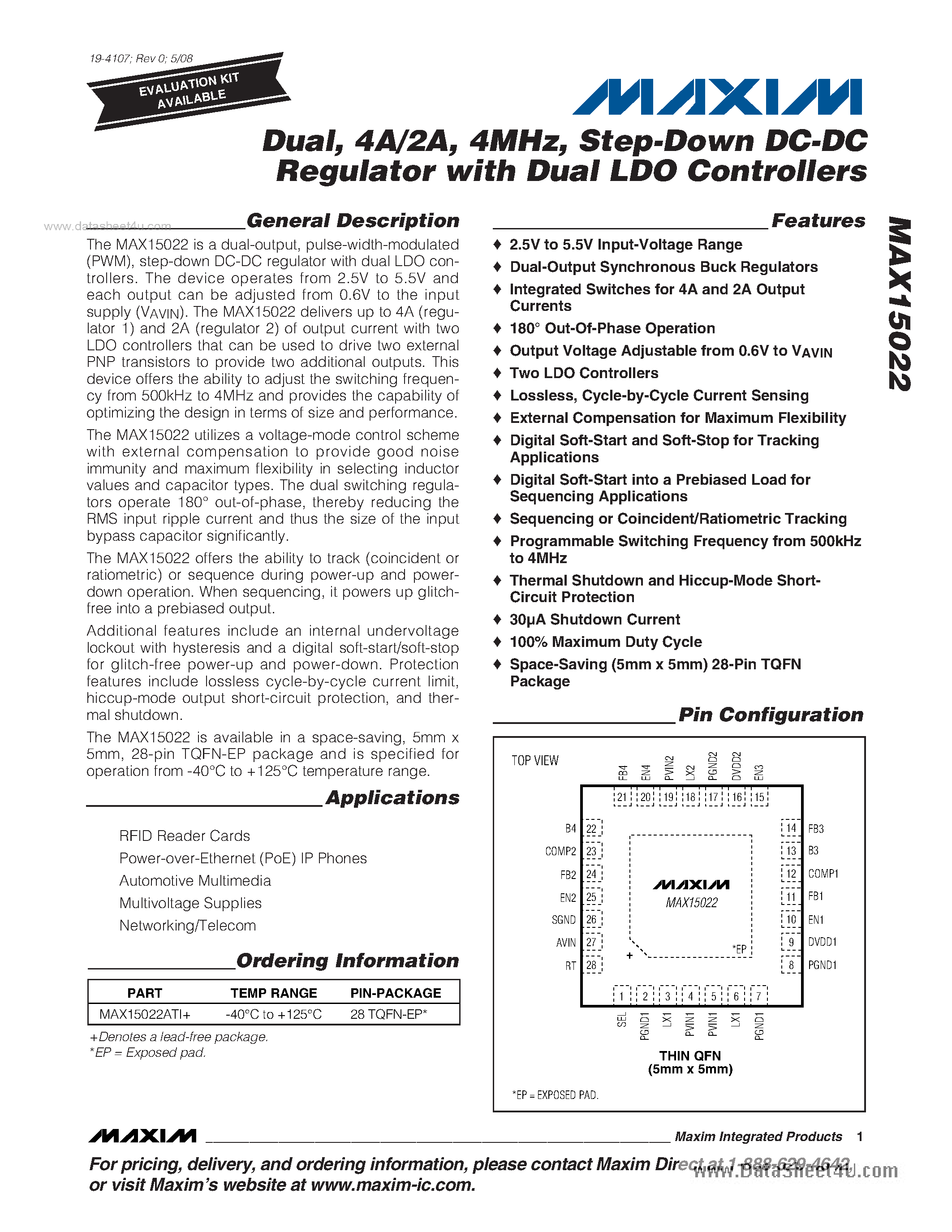 Datasheet MAX15022 - Step-Down DC-DC Regulator page 1
