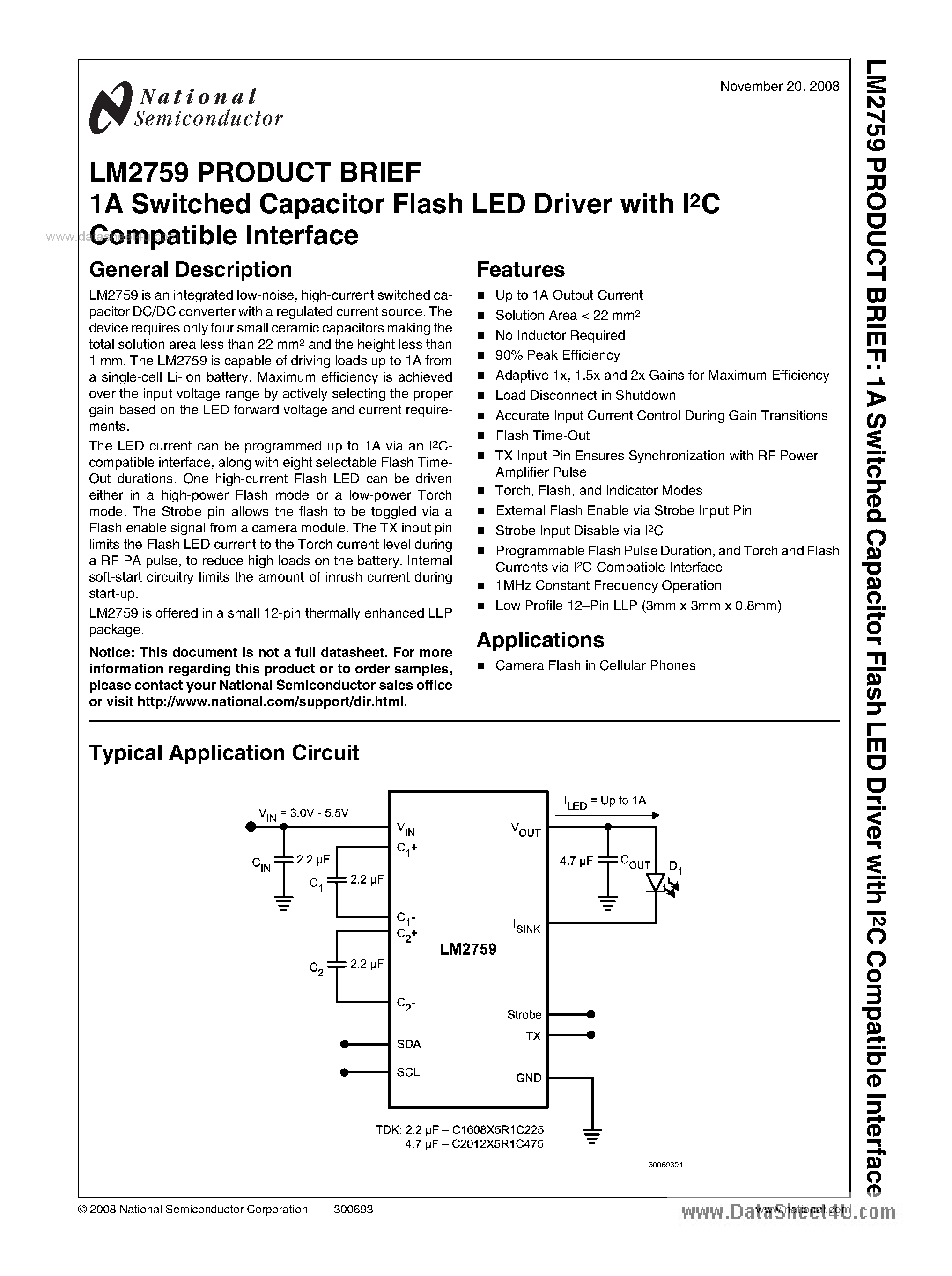 Datasheet LM2759 - 1A Switched Capacitor Flash LED Driver page 1