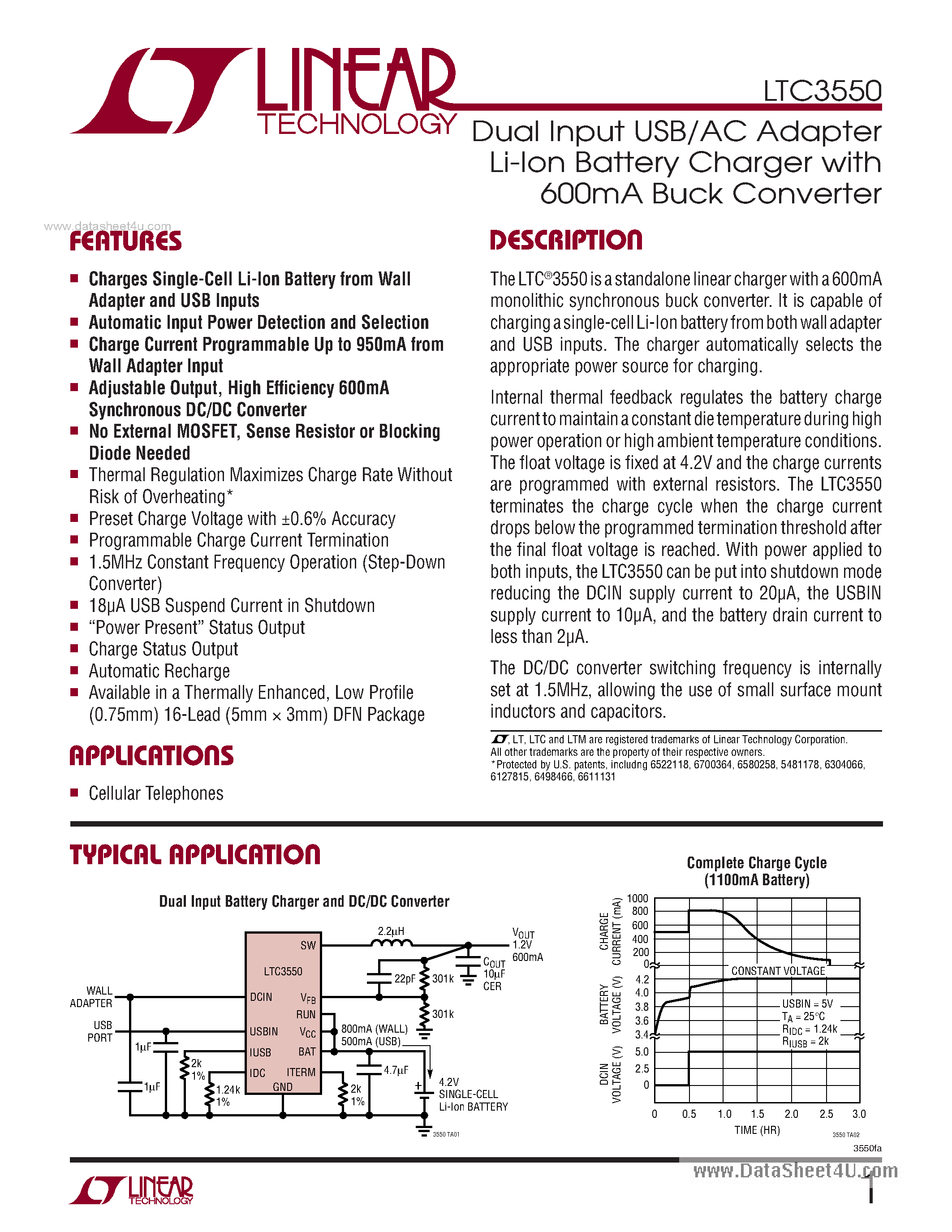 Datasheet LTC3550 - Dual Input USB/AC Adapter Li-Ion Battery Charger page 1
