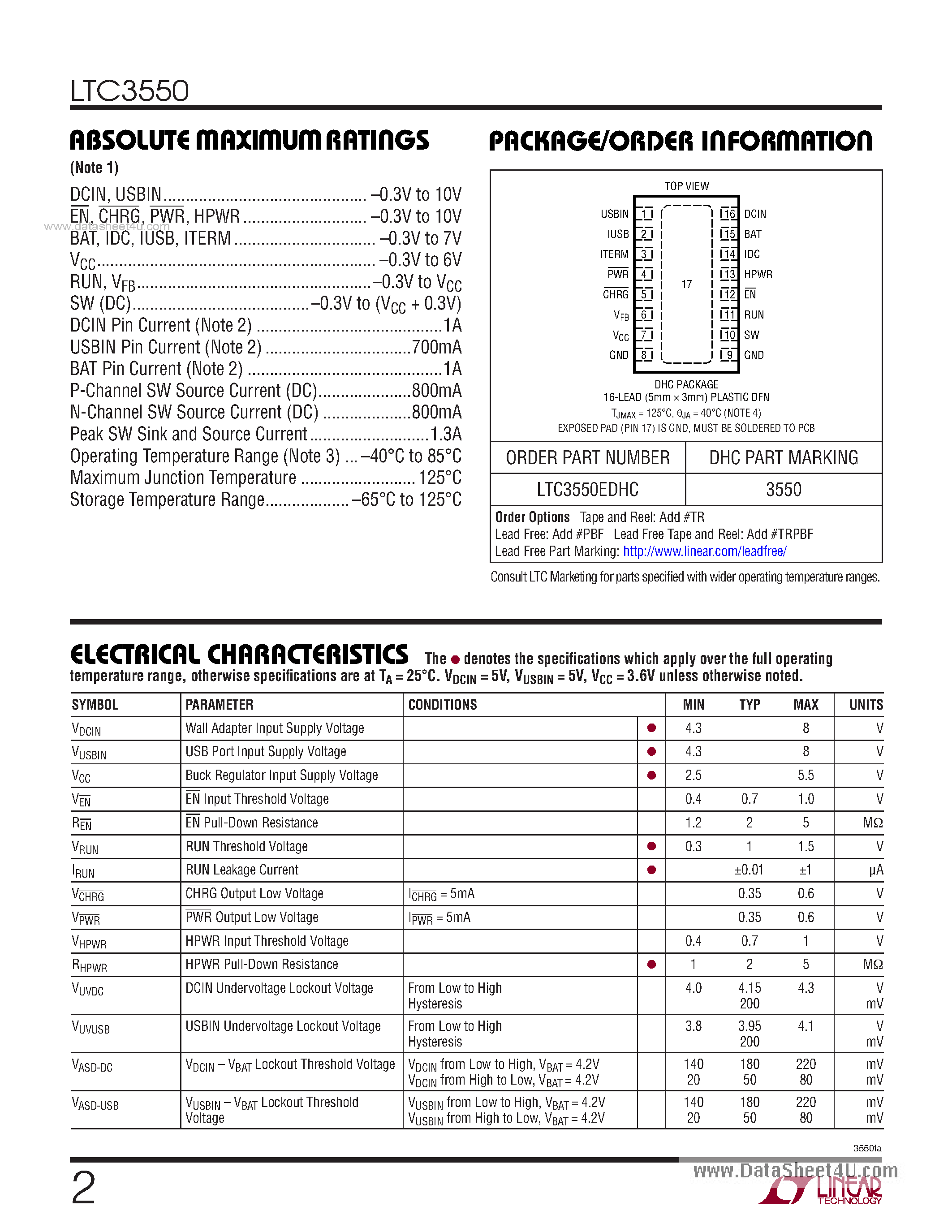 Datasheet LTC3550 - Dual Input USB/AC Adapter Li-Ion Battery Charger page 2