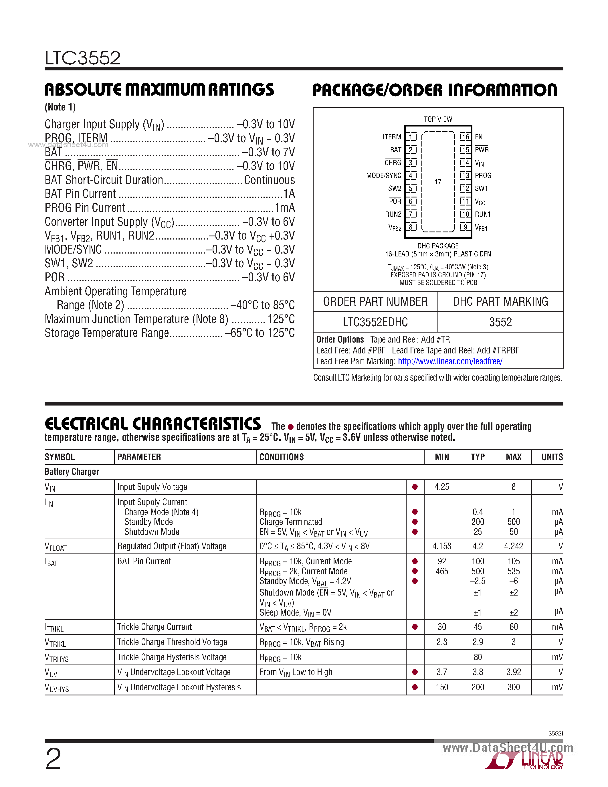 Datasheet LTC3552 - Standalone Linear Li-Ion Battery Charger and Dual Synchronous Buck Converter page 2