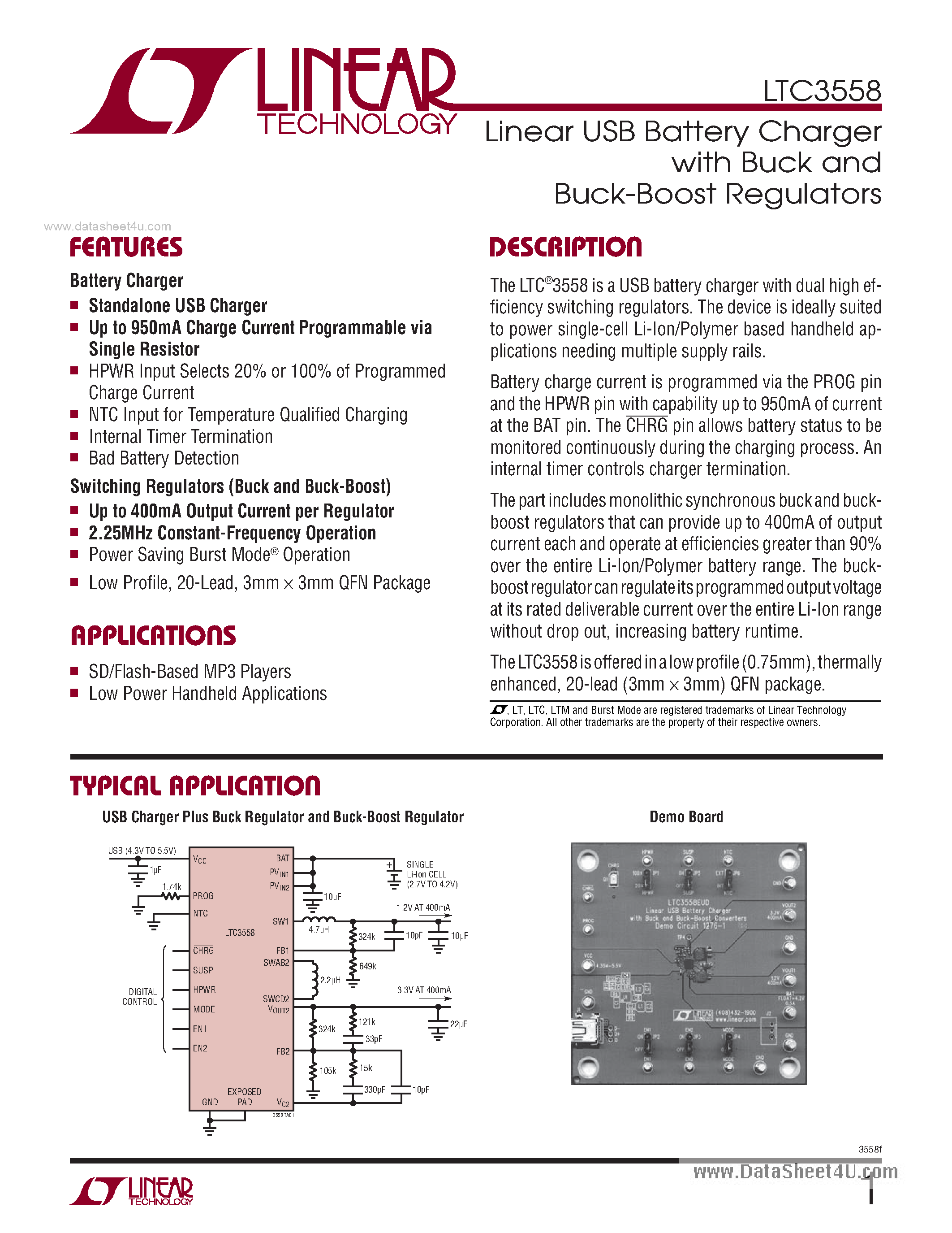 Datasheet LTC3558 - Linear USB Battery Charger page 1