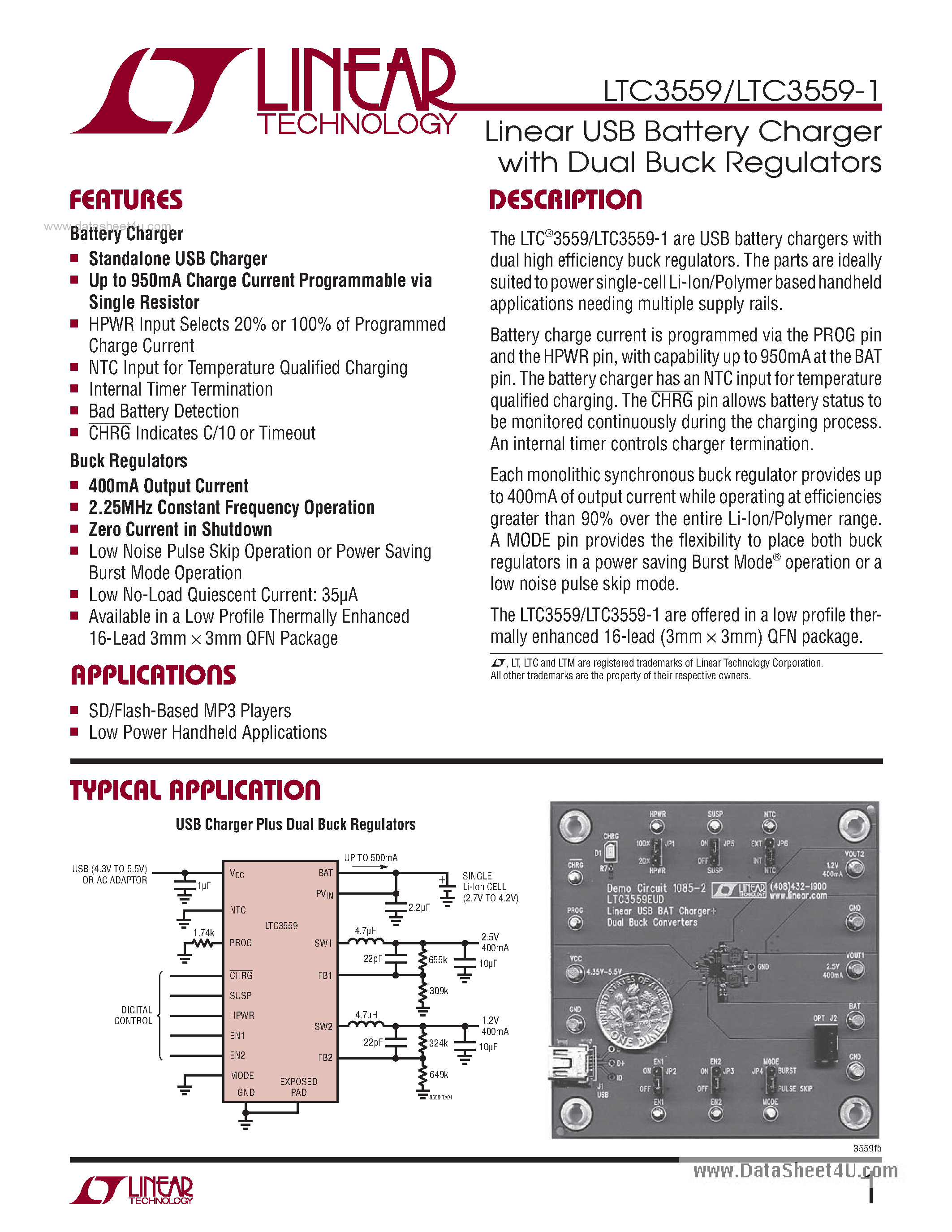 Datasheet LTC3559-1 - Linear USB Battery Charger page 1