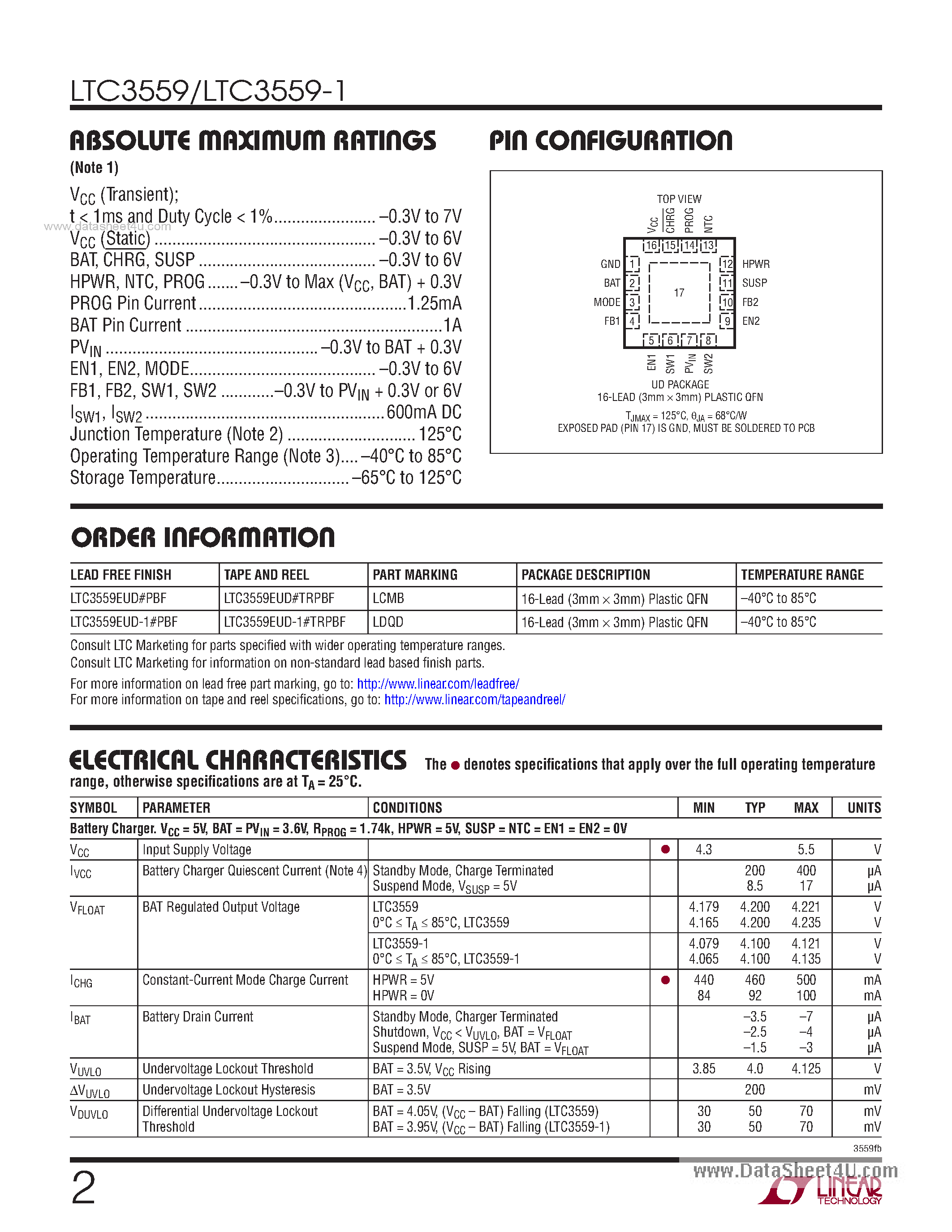 Datasheet LTC3559-1 - Linear USB Battery Charger page 2