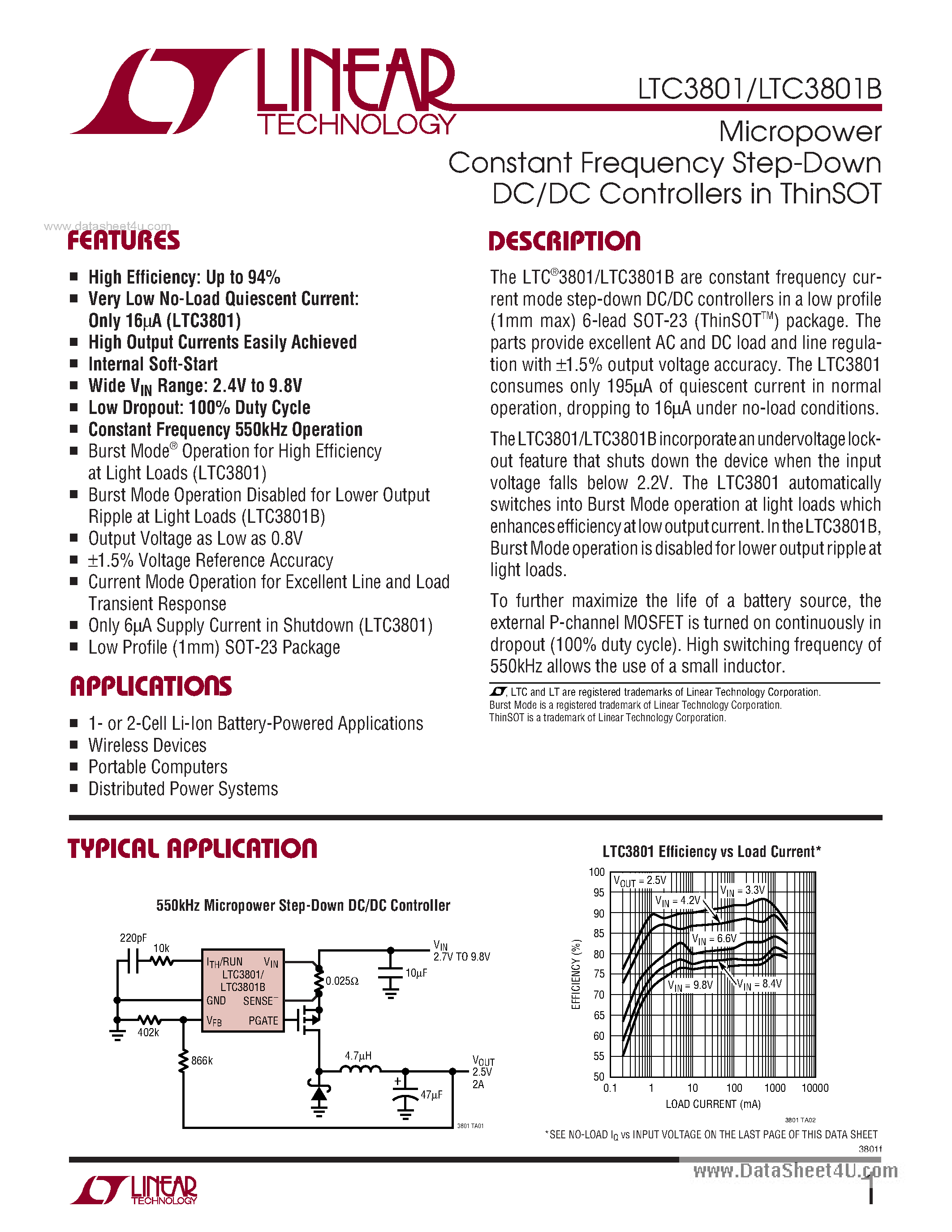 Datasheet LTC3801 - Micropower Constant Frequency Step-Down DC/DC Controllers page 1
