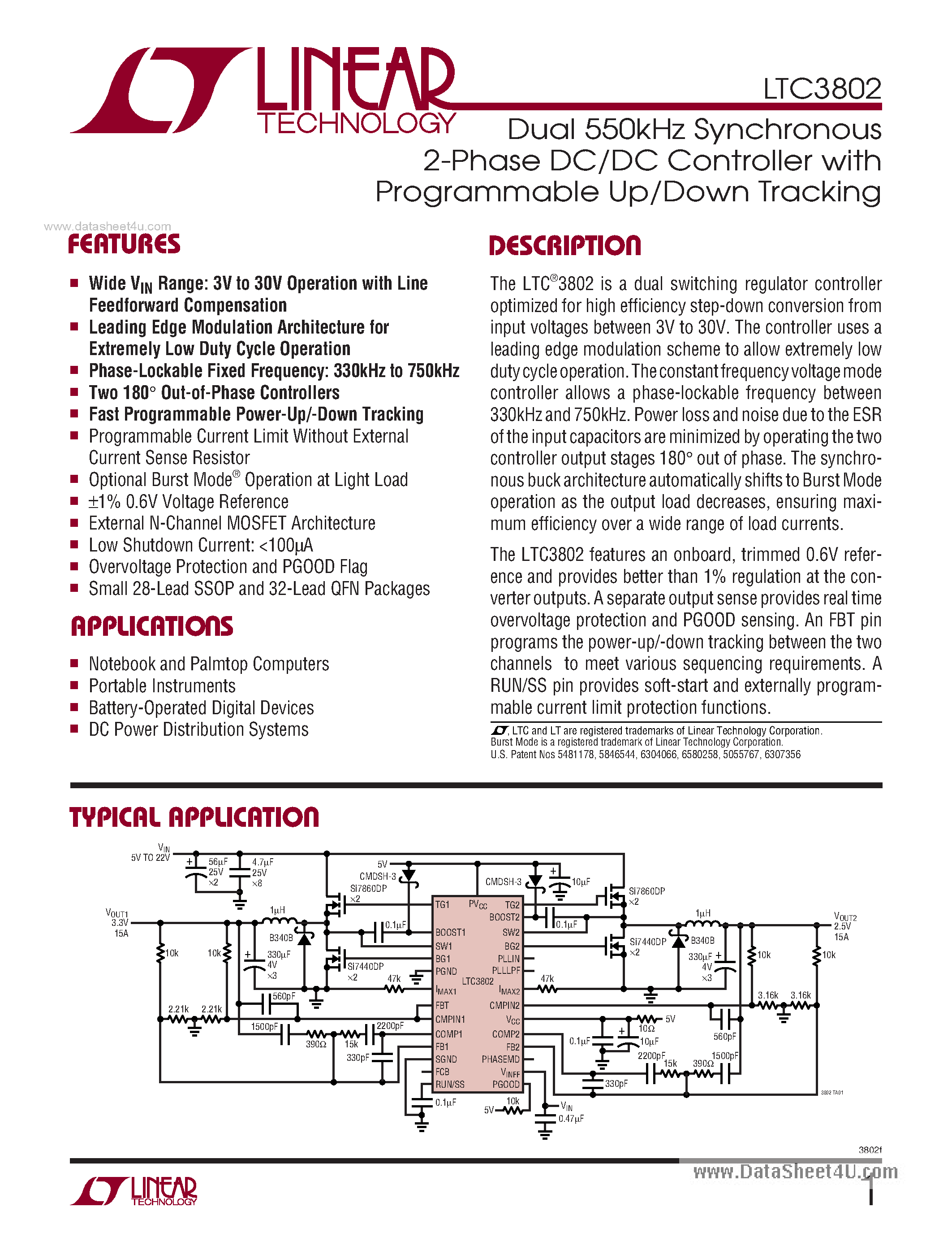 Даташит LTC3802 - Dual 550kHz Synchronous 2-Phase DC/DC Controller страница 1