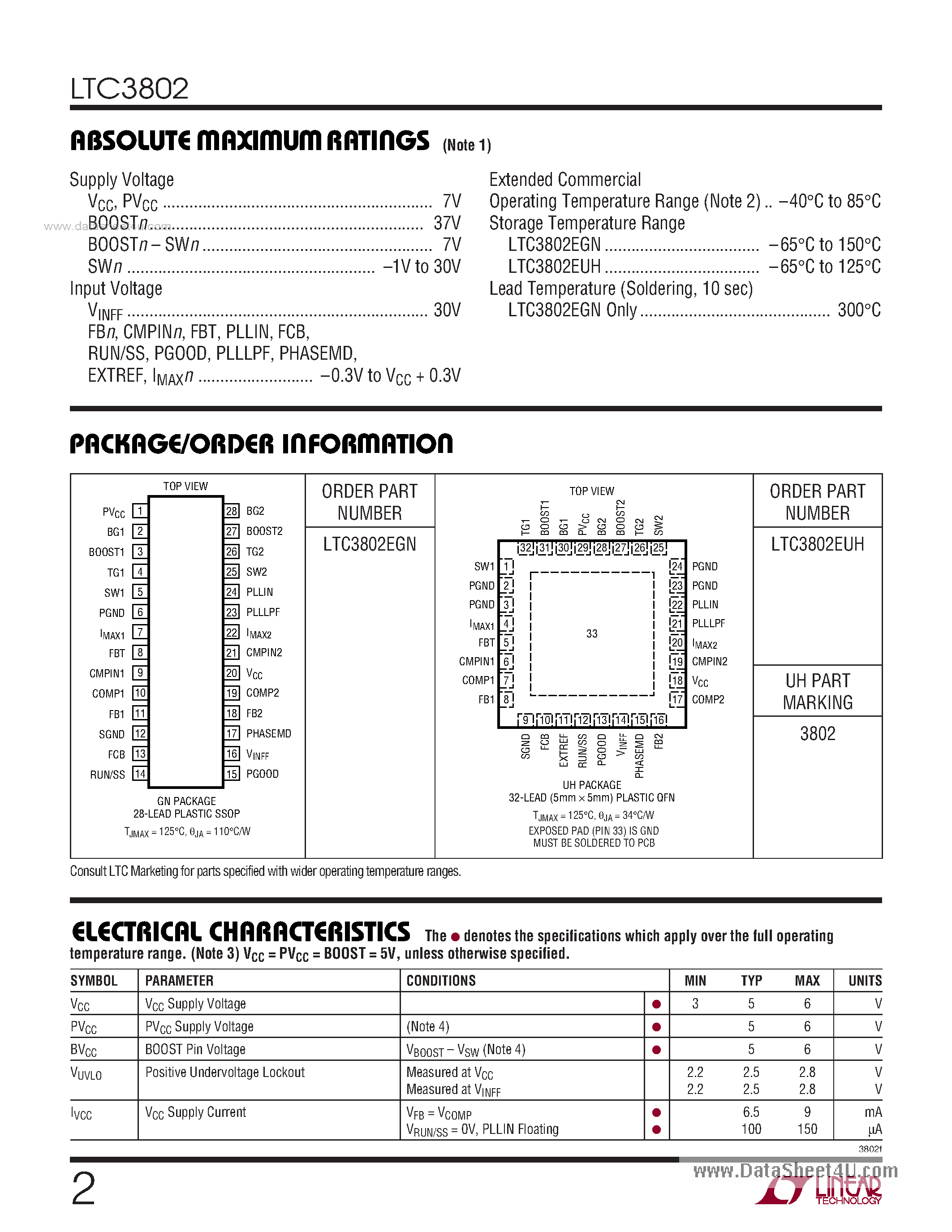 Даташит LTC3802 - Dual 550kHz Synchronous 2-Phase DC/DC Controller страница 2