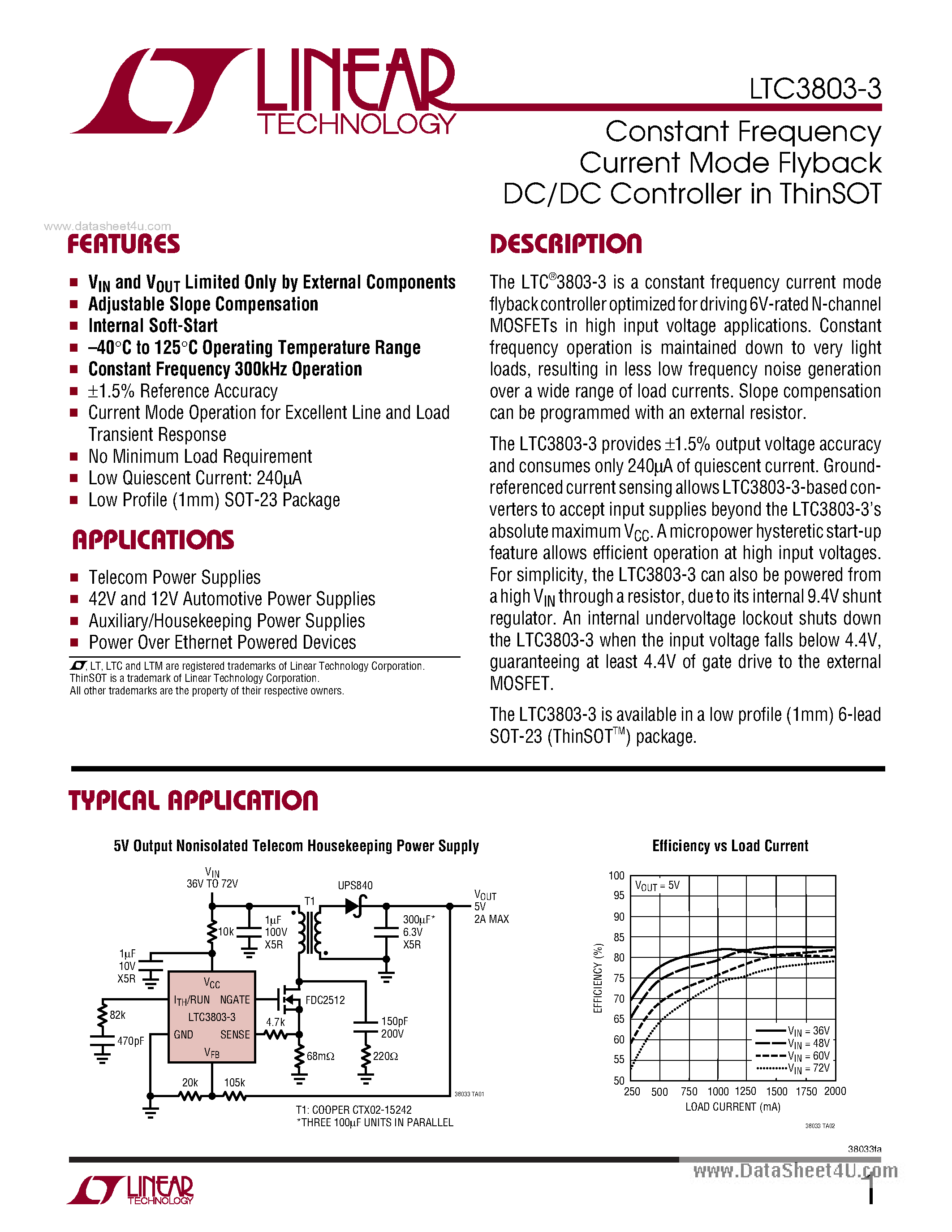 Datasheet LTC3803-3 - Constant Frequency Current Mode Flyback DC/DC Controller page 1