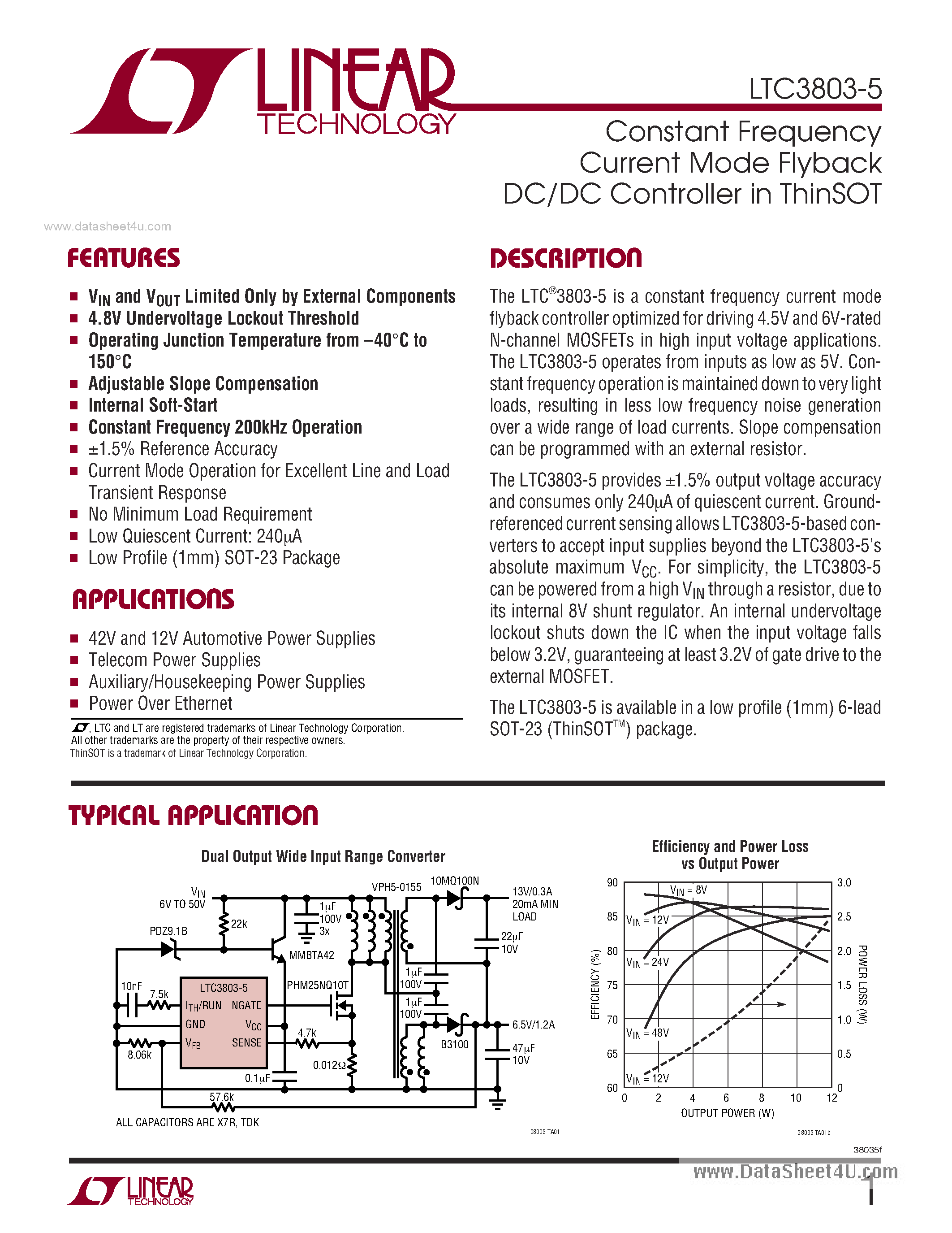 Datasheet LTC3803-5 - Constant Frequency Current Mode Flyback DC/DC Controller page 1