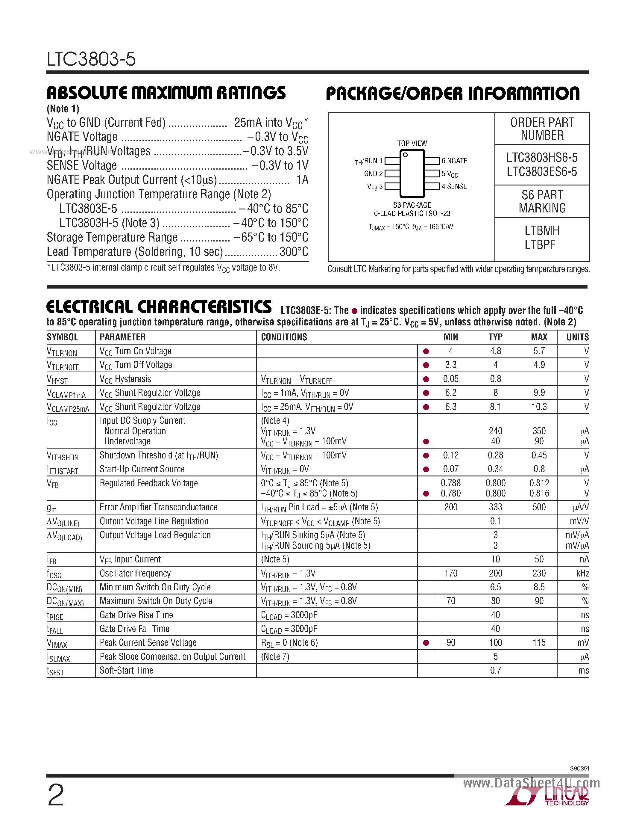 Datasheet LTC3803-5 - Constant Frequency Current Mode Flyback DC/DC Controller page 2