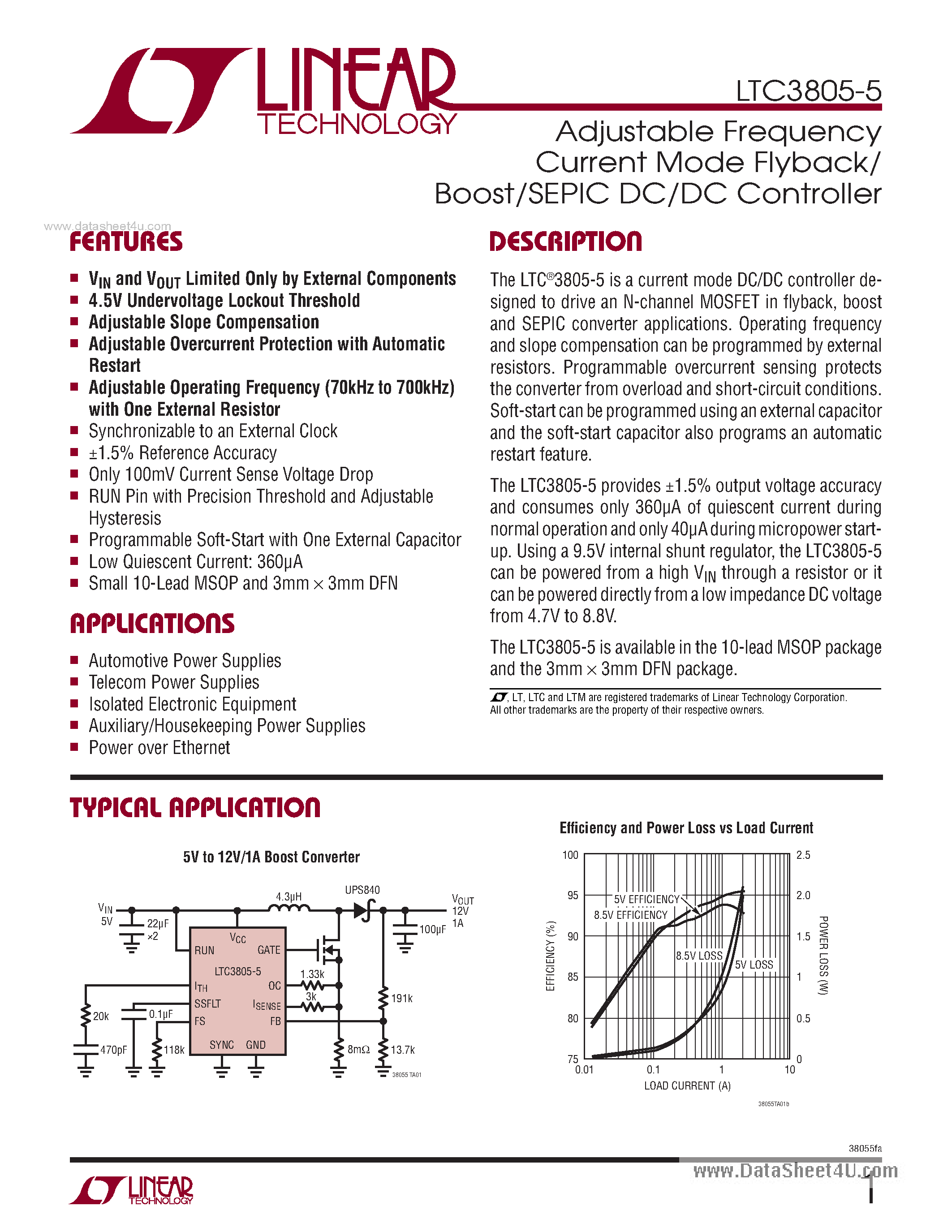 Datasheet LTC3805-5 - Adjustable Frequency Current Mode Flyback DC/DC Controller page 1